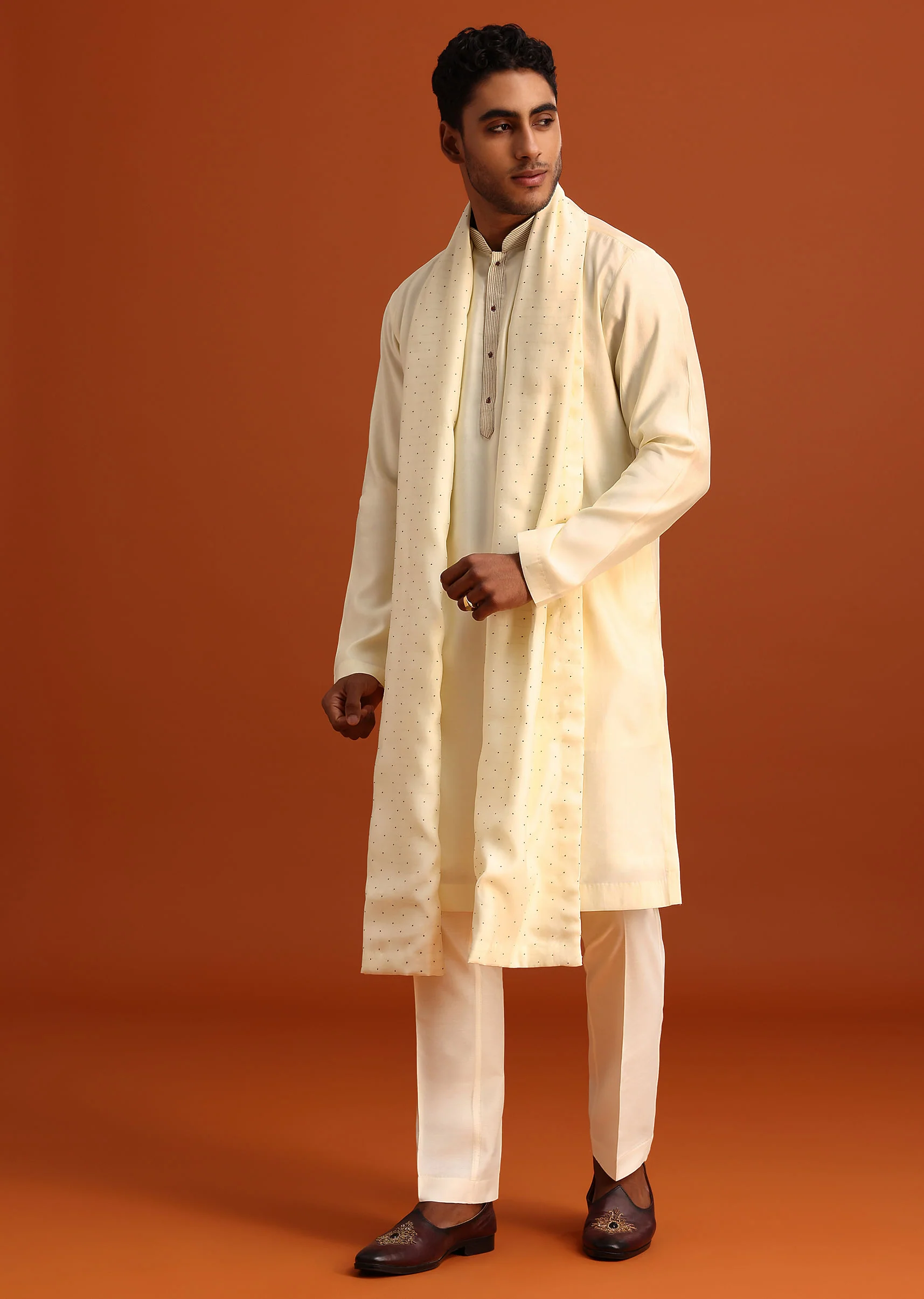 Ivory Plain Kurta Set With Hand Work Dupatta - Image 4