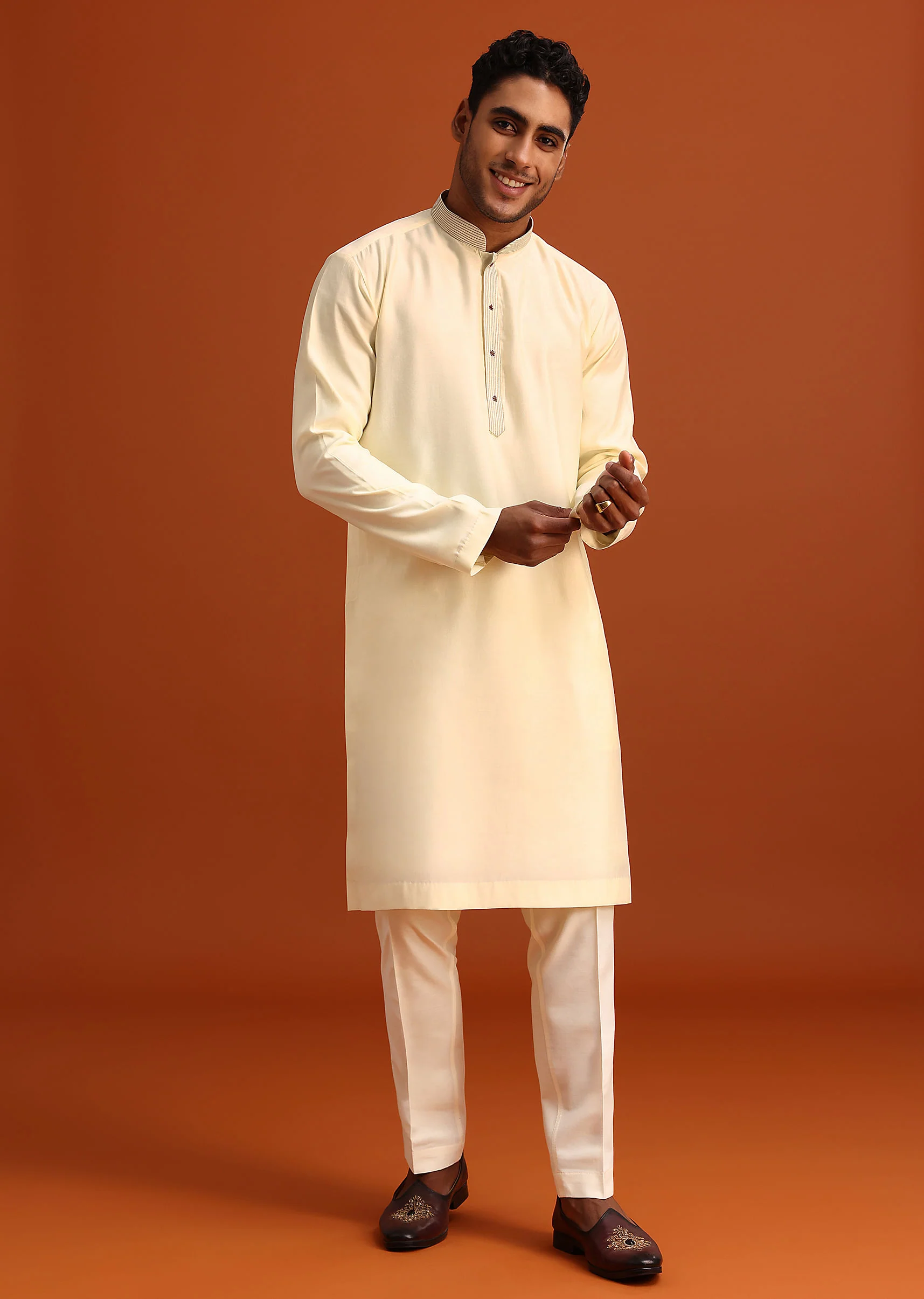 Ivory Plain Kurta Set With Hand Work Dupatta - Image 6