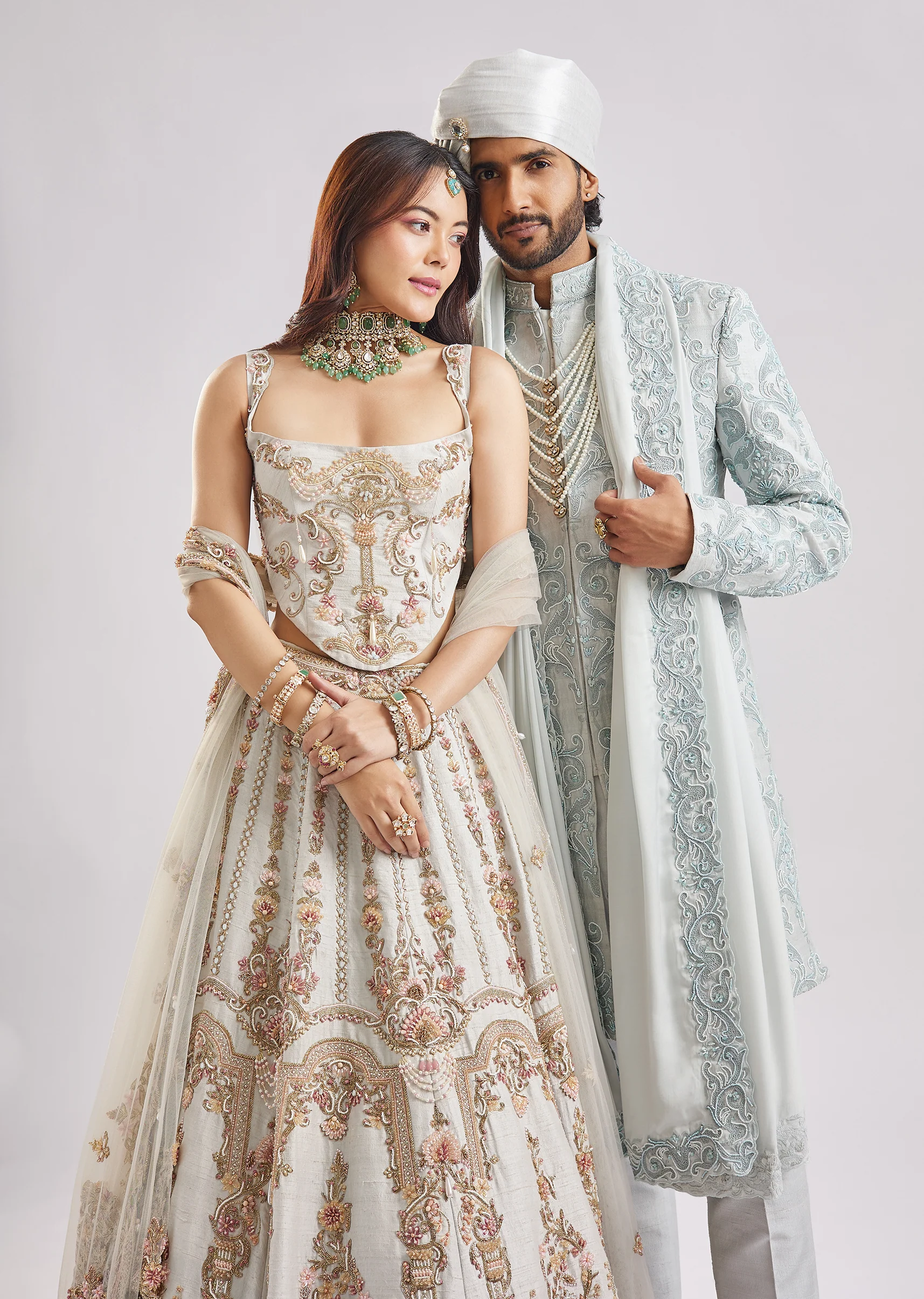 Ivory & Powder Blue Duo — Bridal Lehenga For Her And Sherwani For Him