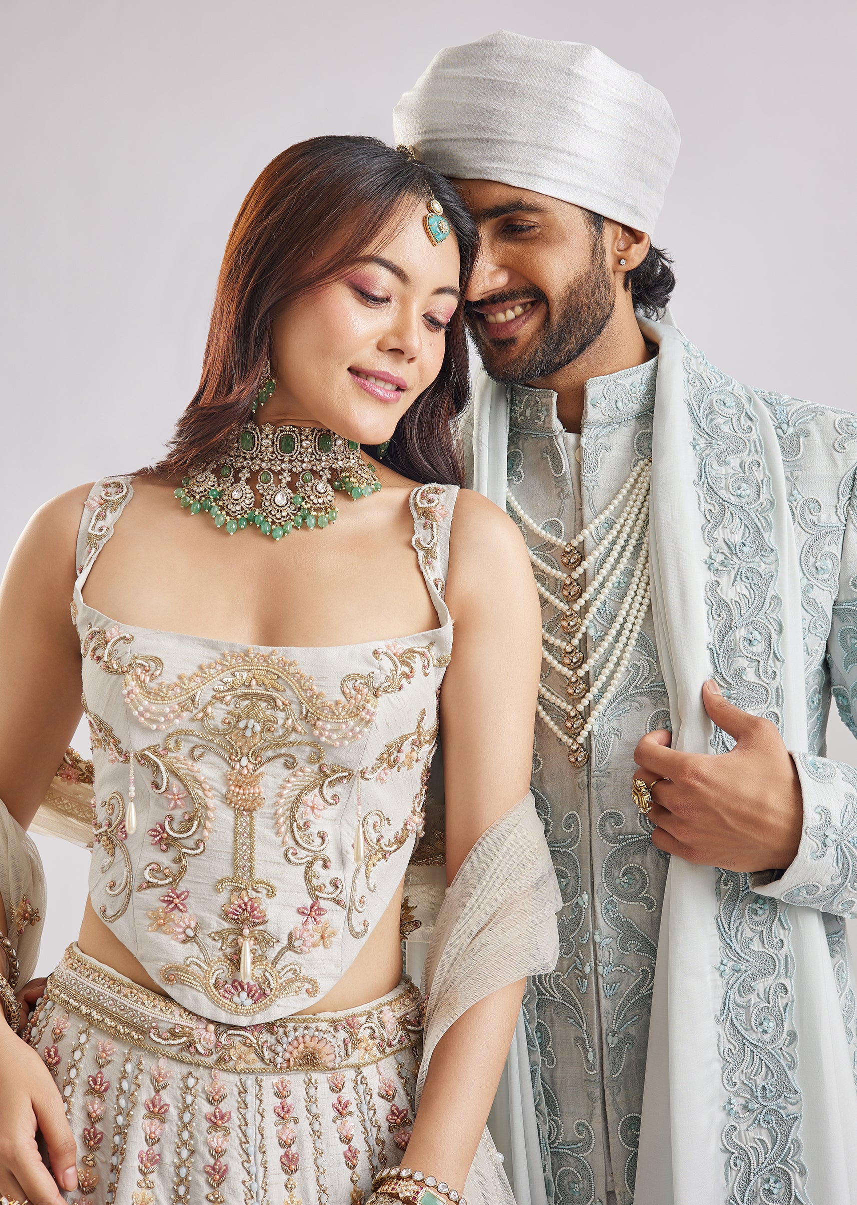 Ivory & Powder Blue Duo — Bridal Lehenga For Her And Sherwani For Him - Image 4