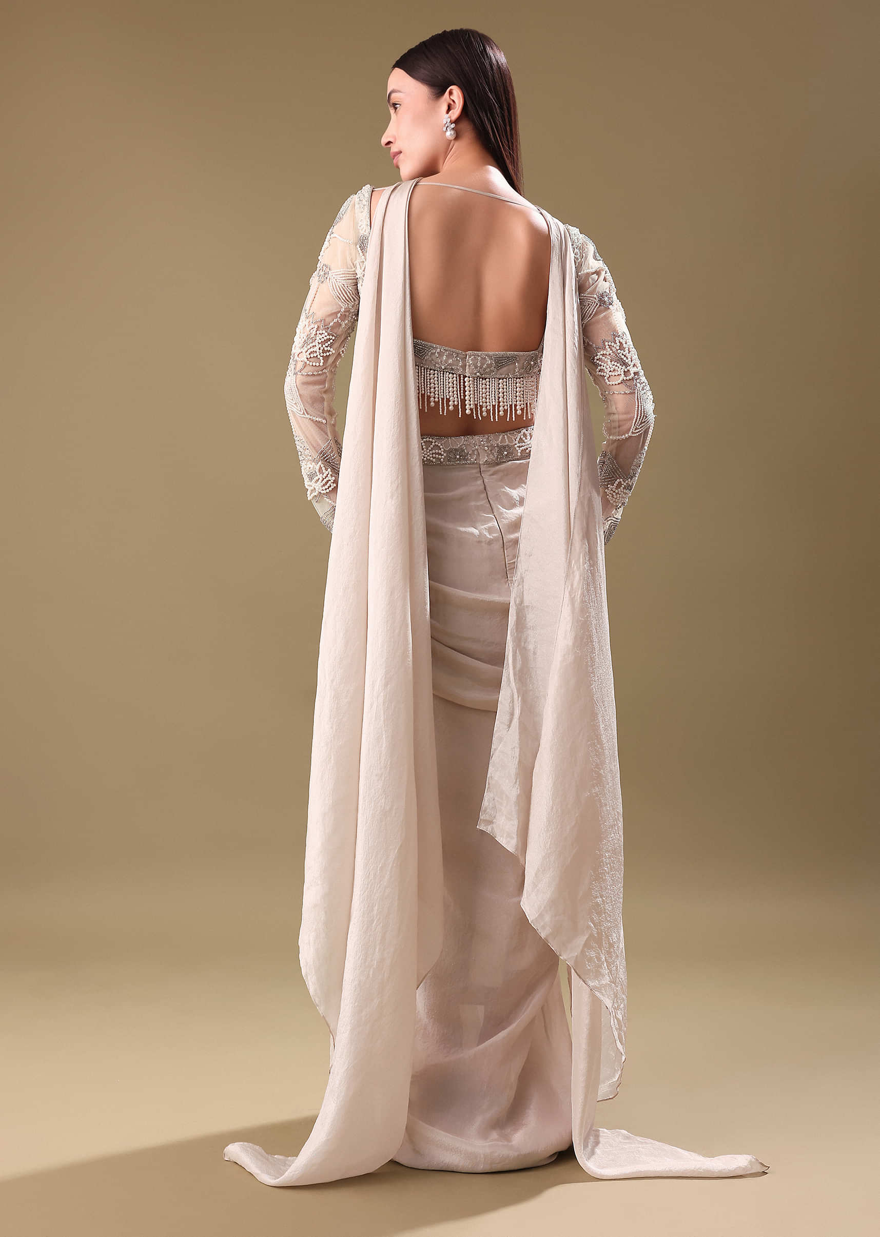 Ivory Pre Drape Tissue Skirt With Full Sleeve Blouse - Image 5