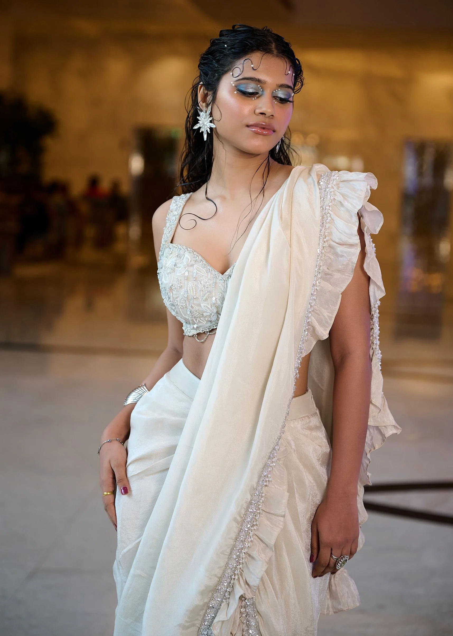 Ivory Pre Stitched Frill Tissue Saree With Blouse