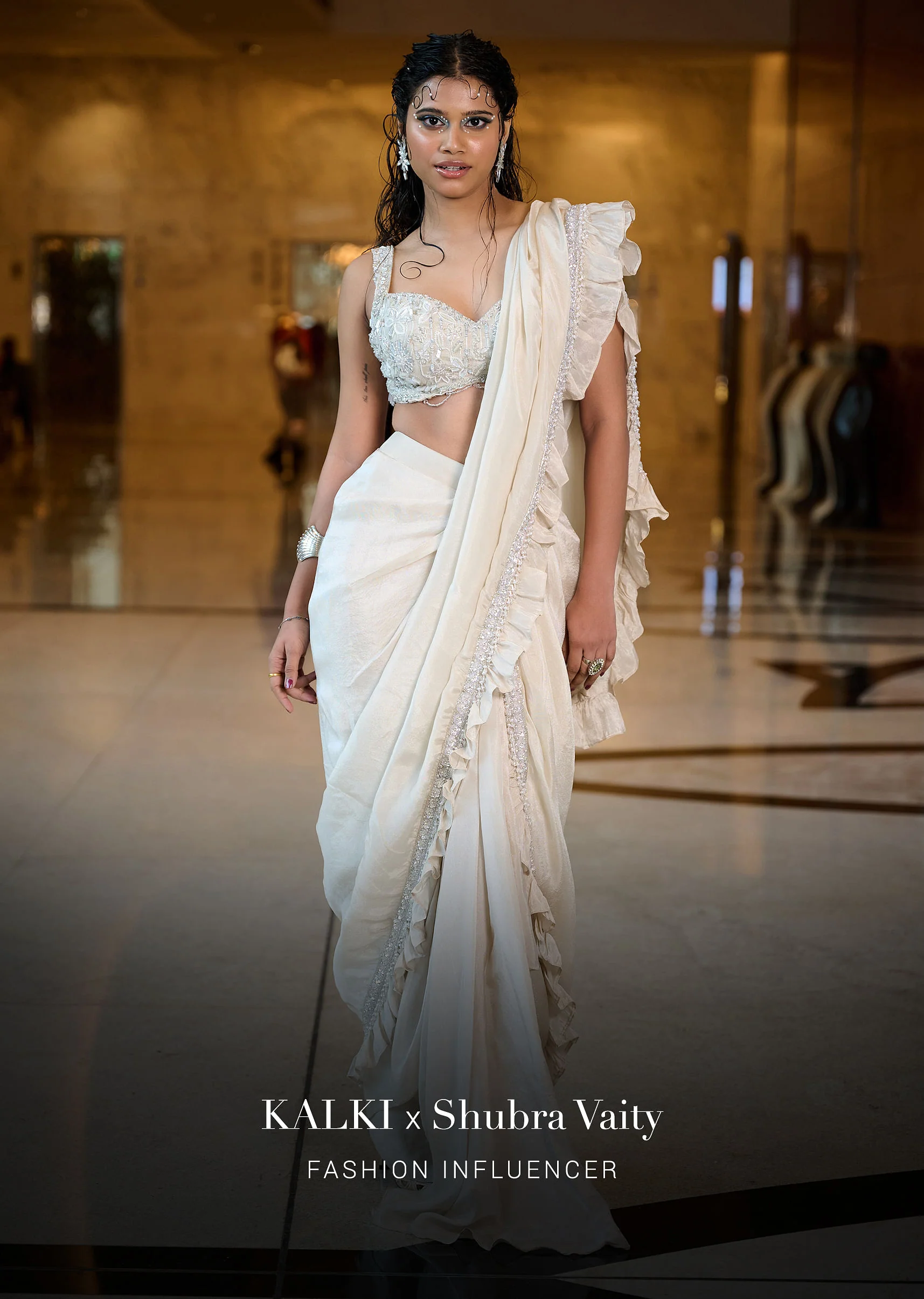 Ivory Pre Stitched Frill Tissue Saree With Blouse - Image 4
