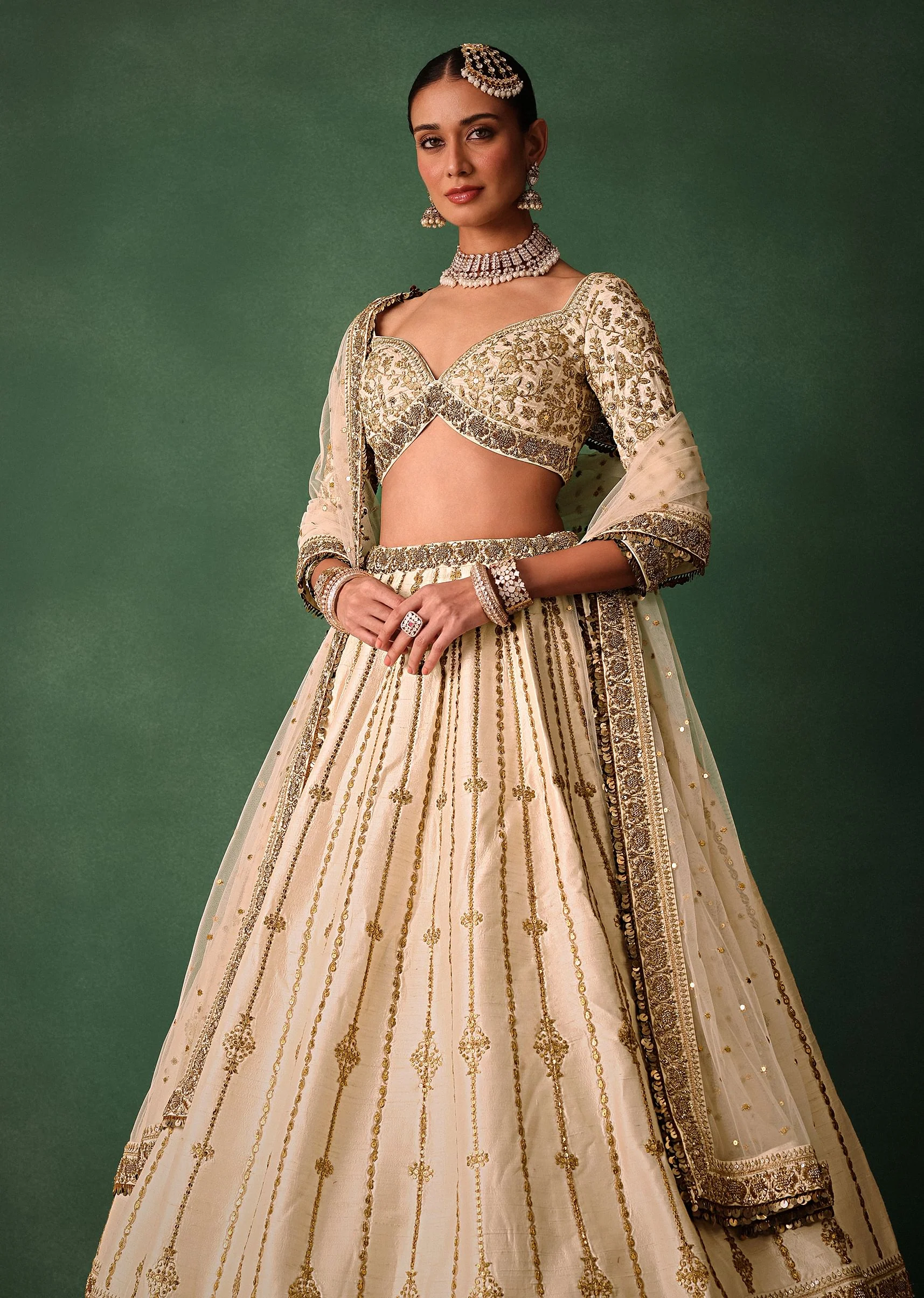 Ivory Raw Silk Hand Embroidered Lehenga Set With Net Dupatta - Image 4