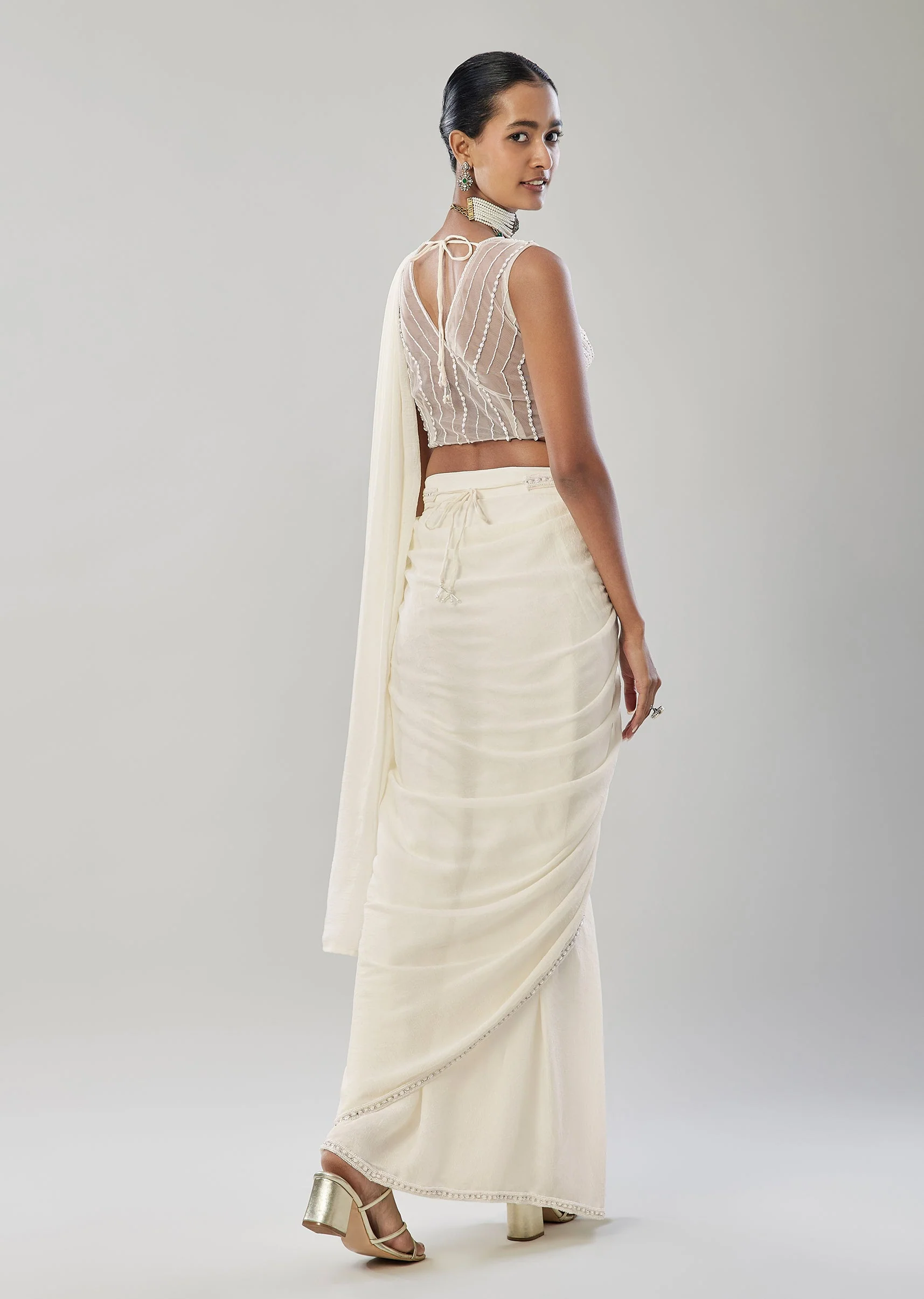 Ivory Ready Pleated Saree With Belt - Image 5