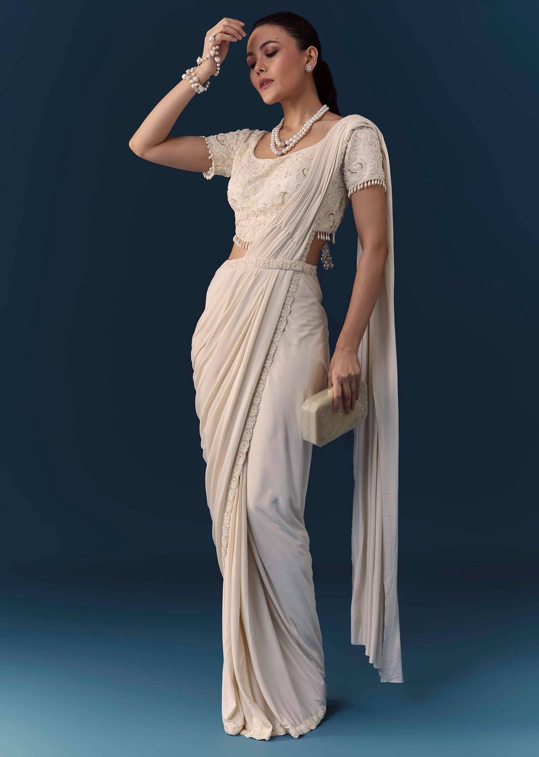 Ivory Ready Pre Pleated Saree with Moti Work Blouse - Image 3