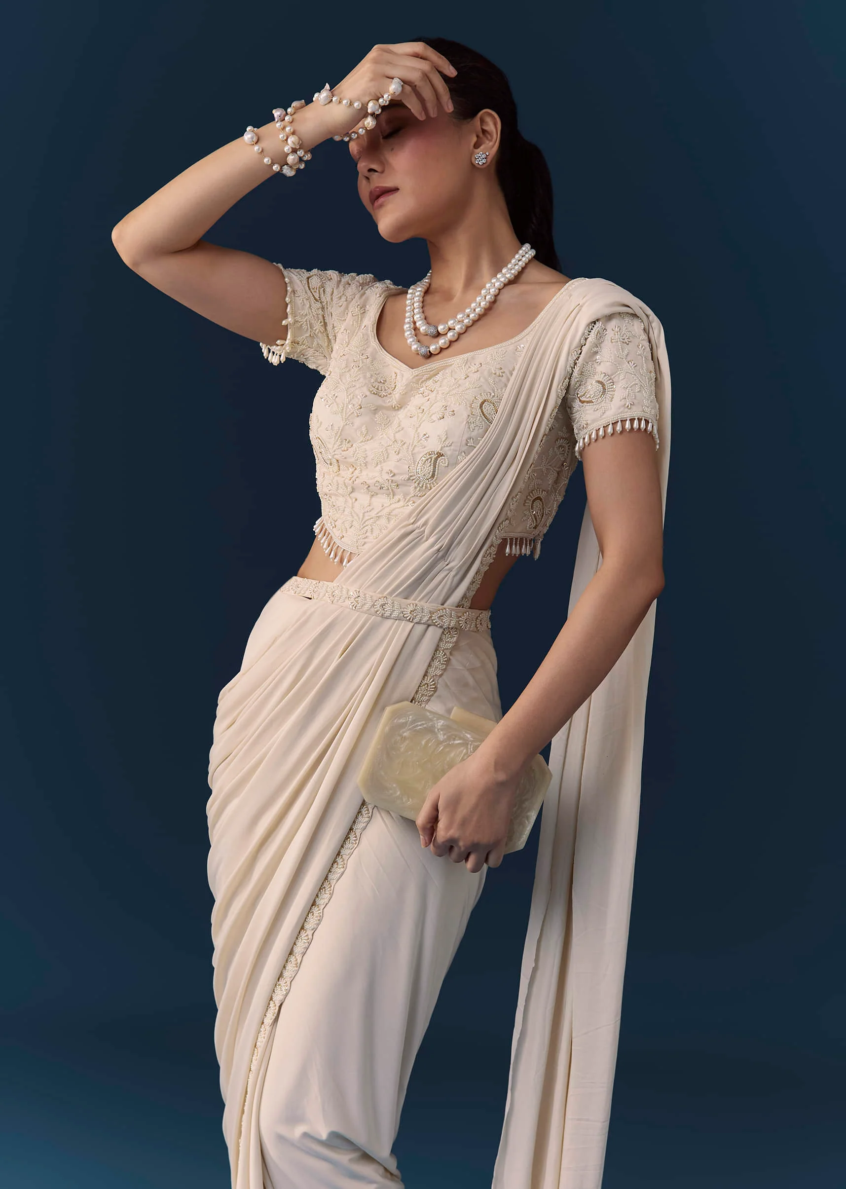 Ivory Ready Pre Pleated Saree with Moti Work Blouse - Image 4