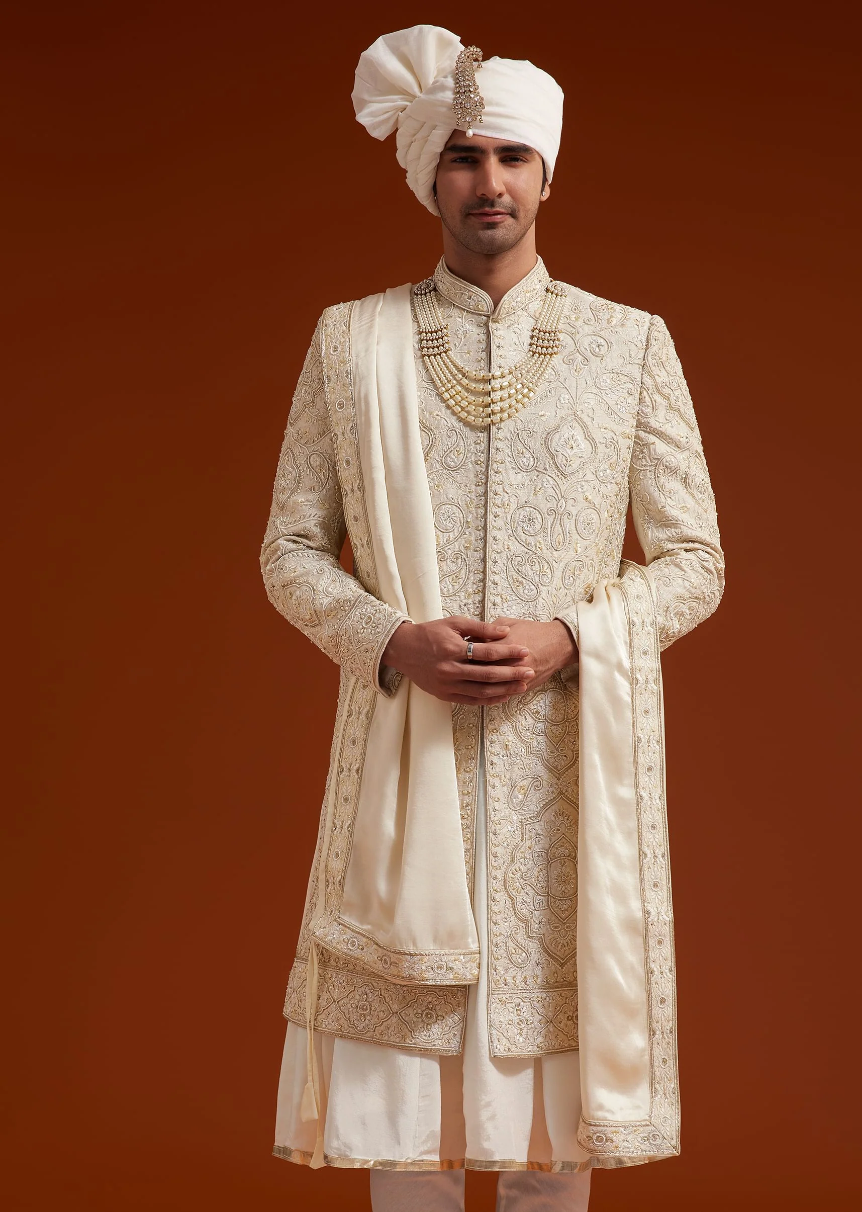 Ivory Sherwani Set With Zardosi And Butti Work - Image 4
