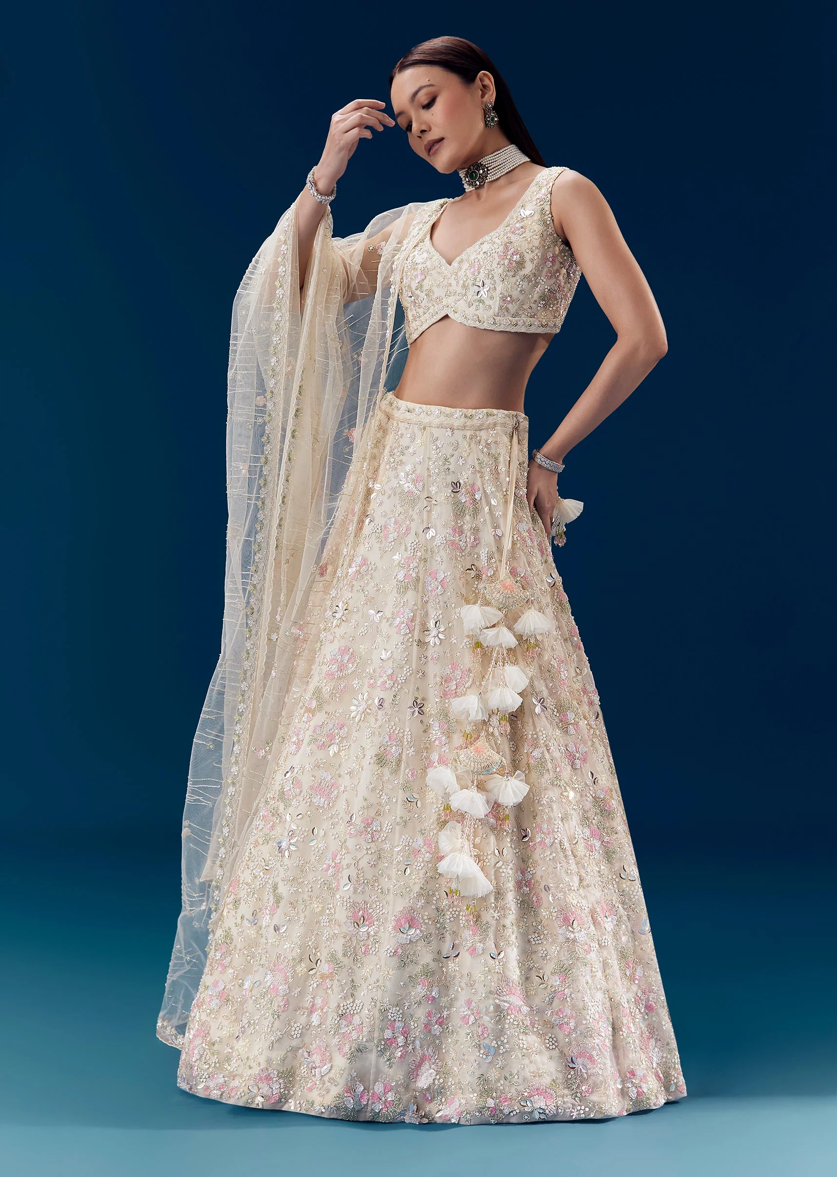 Ivory Silk Embellished Bridal Lehenga Set with Floral Tassels