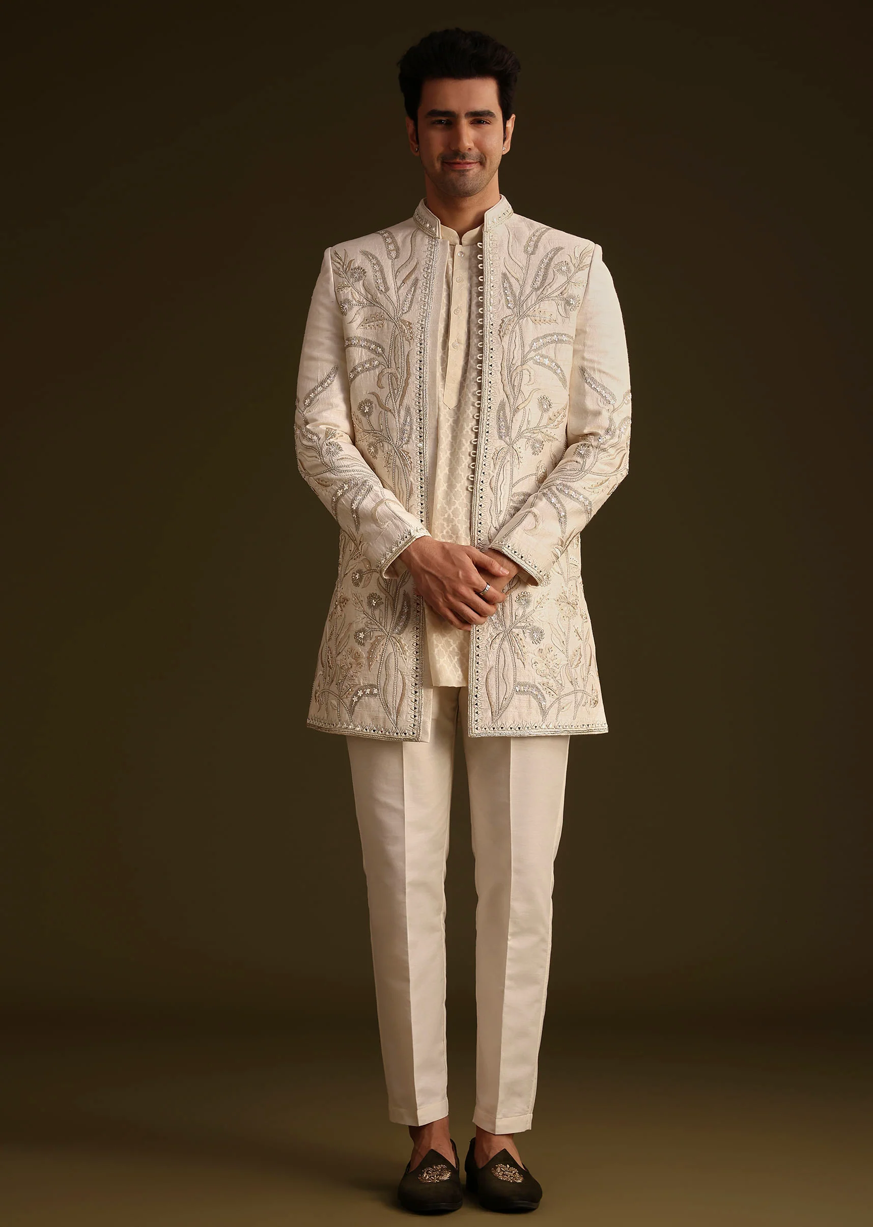 Ivory Silk Indo Western Set With Zardosi Work - Image 4