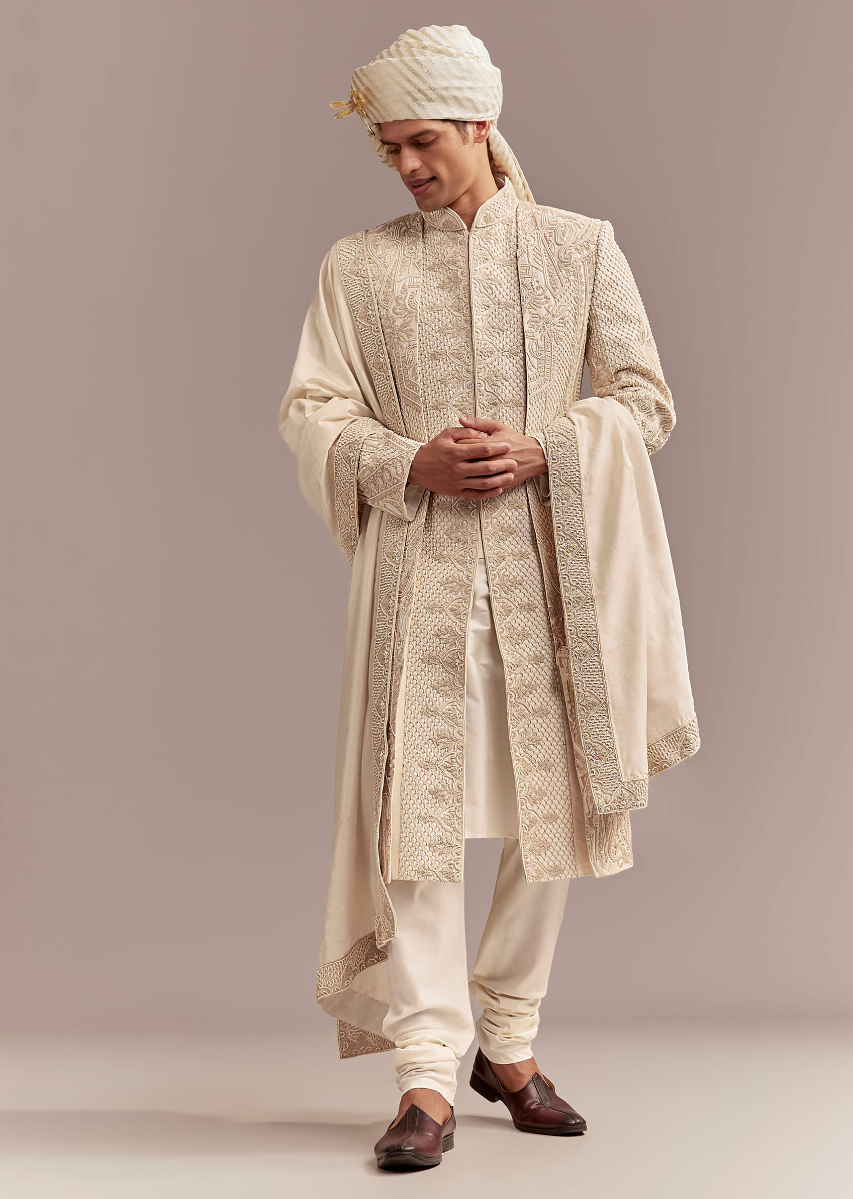 Ivory Silk Sherwani For Groom With Geometric And Floral Embroidery - Image 3