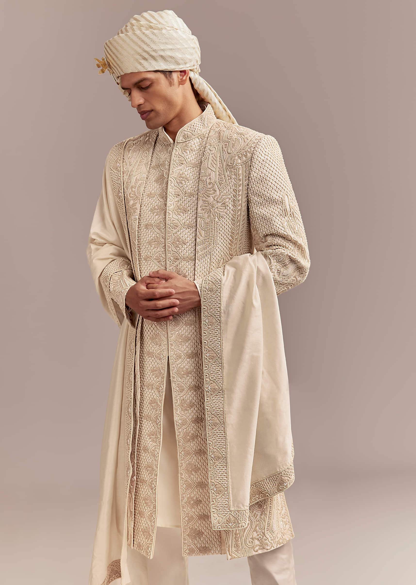 Ivory Silk Sherwani For Groom With Geometric And Floral Embroidery - Image 4