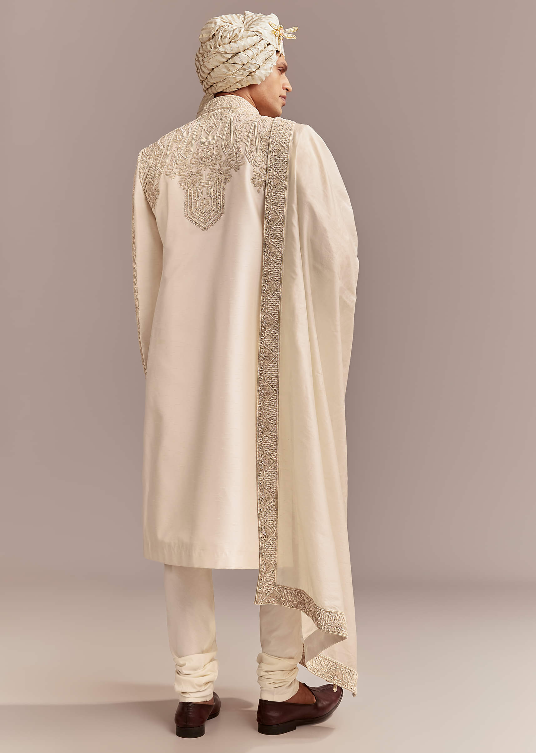 Ivory Silk Sherwani For Groom With Geometric And Floral Embroidery - Image 5