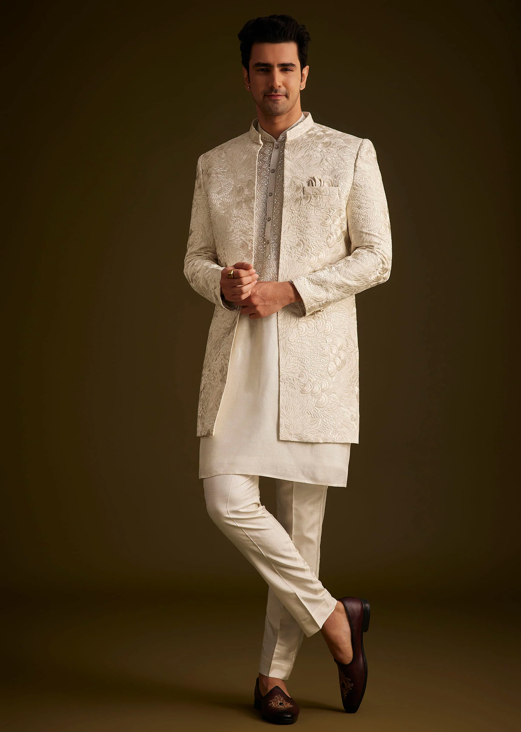Ivory Silk Sherwani With Intricate Floral Embroidery - Image 3