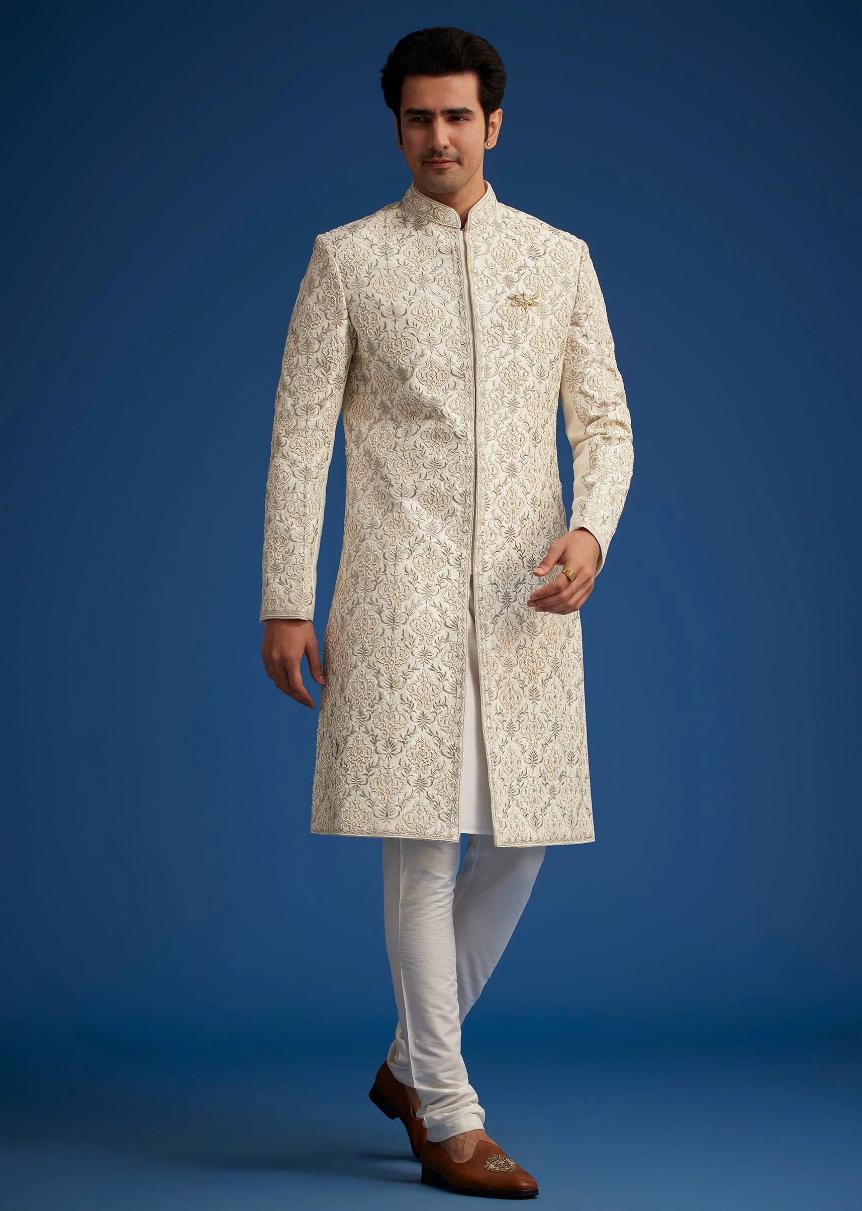 Ivory Silk Sherwani With Resham Zari And Zardosi Work - Image 2