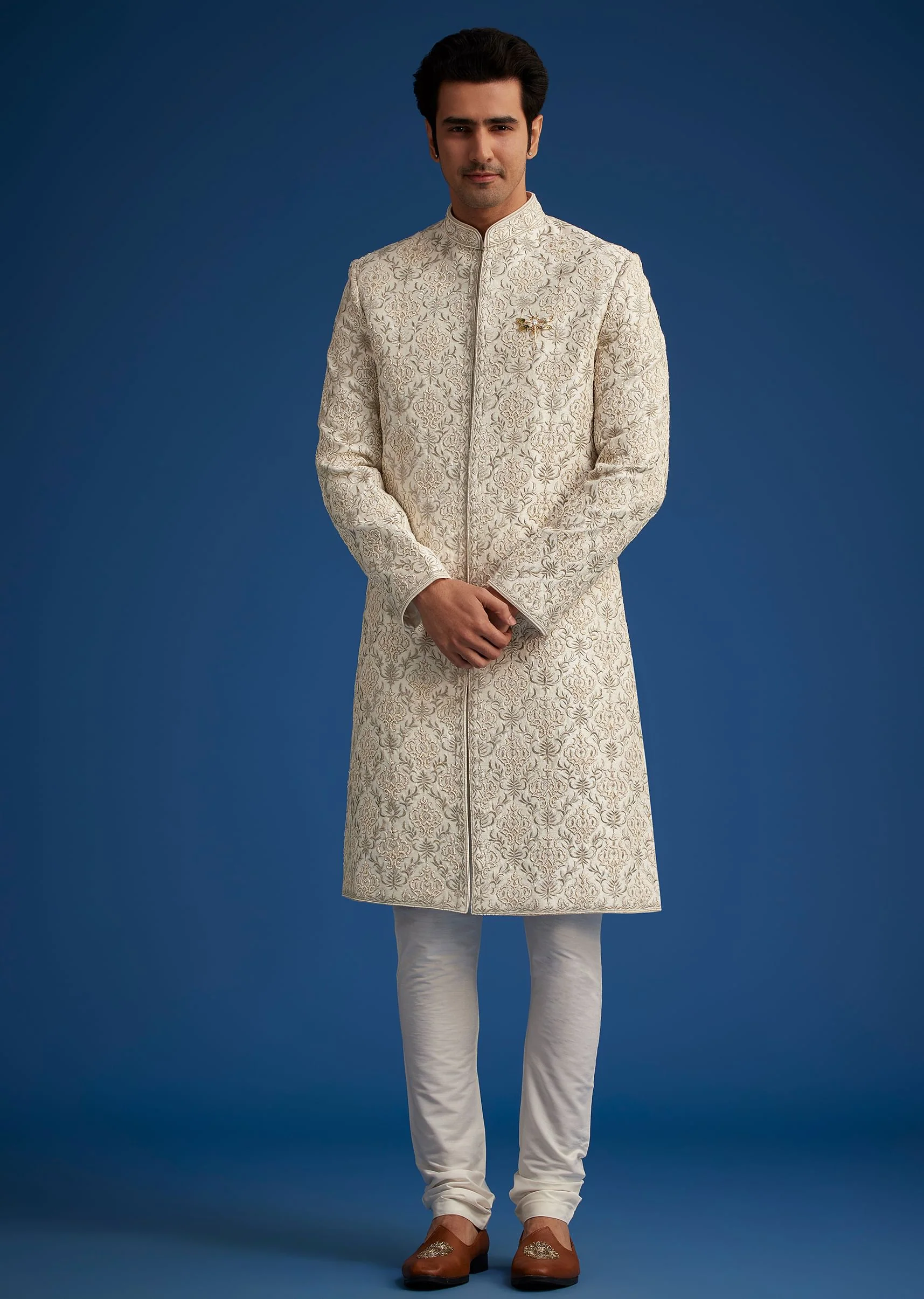 Ivory Silk Sherwani With Resham Zari And Zardosi Work - Image 5