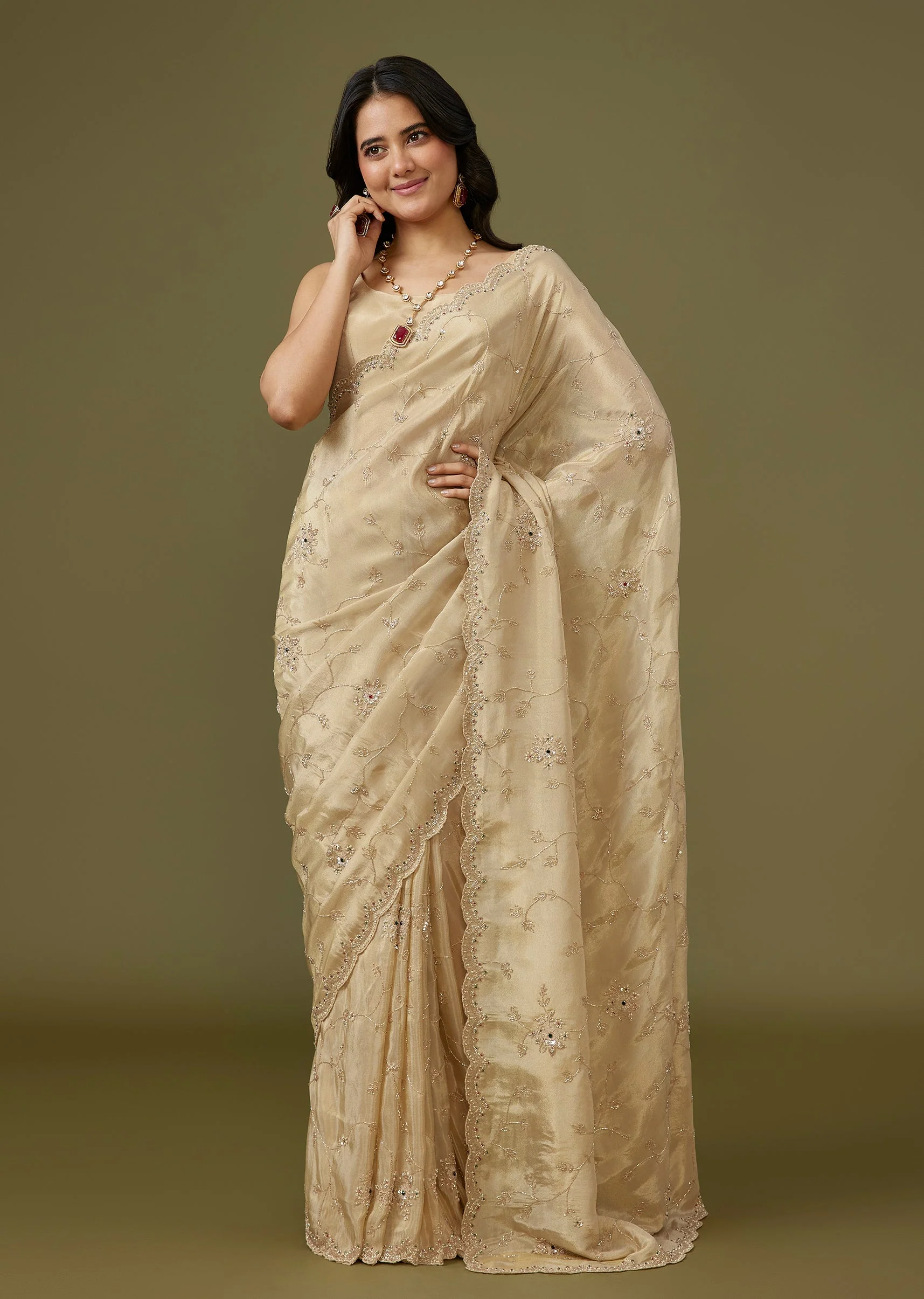 Ivory Tissue Saree With Floral Scallop Border