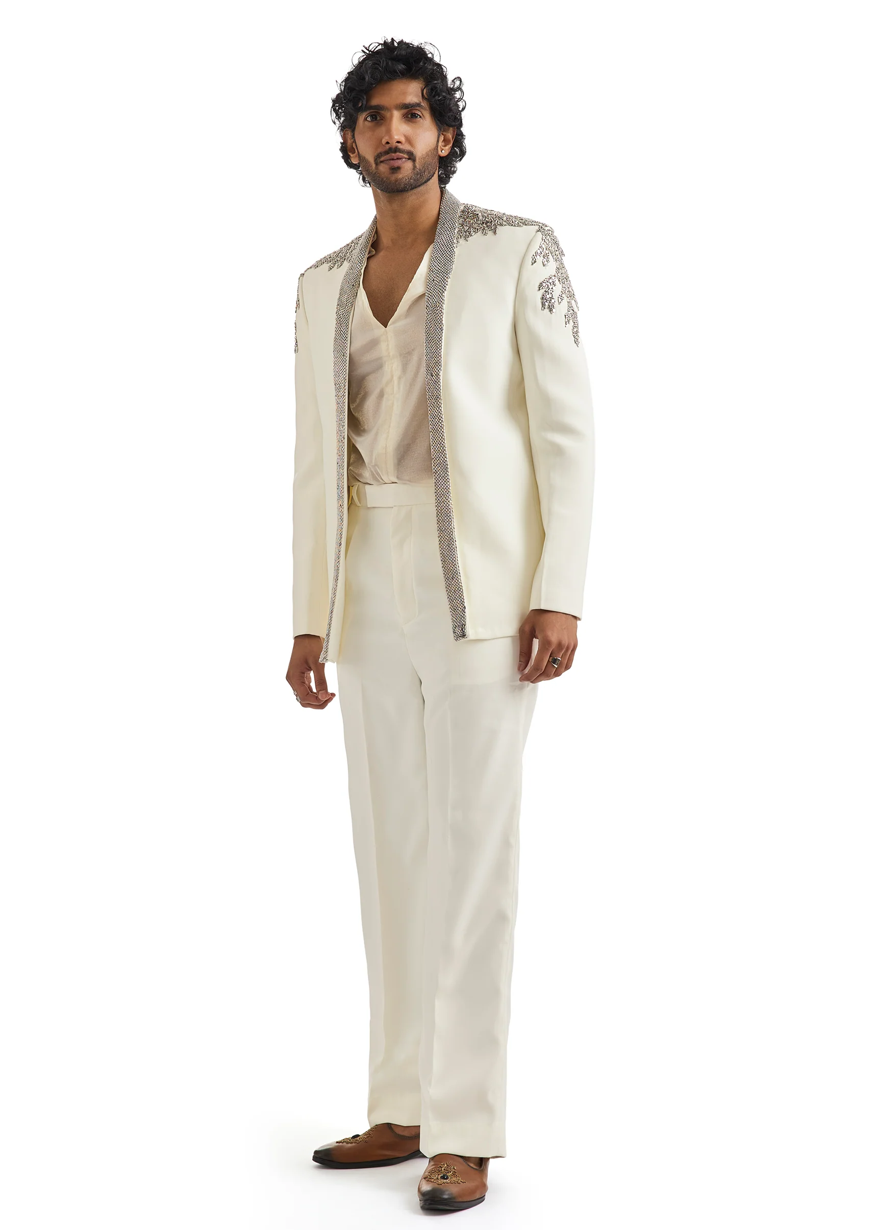 Ivory Tuxedo Set With Metallic Embroidered Blazer - Image 3
