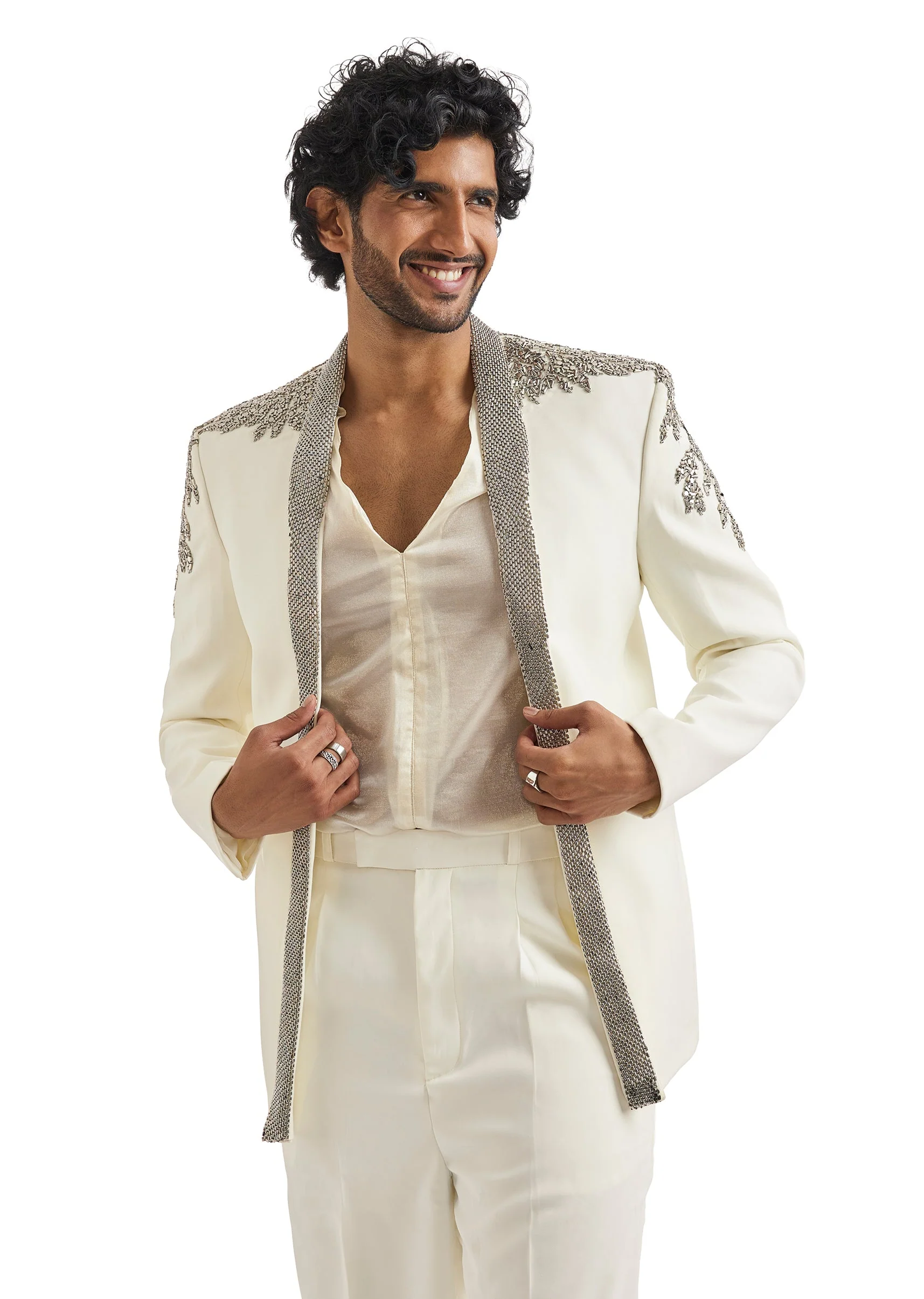 Ivory Tuxedo Set With Metallic Embroidered Blazer - Image 4