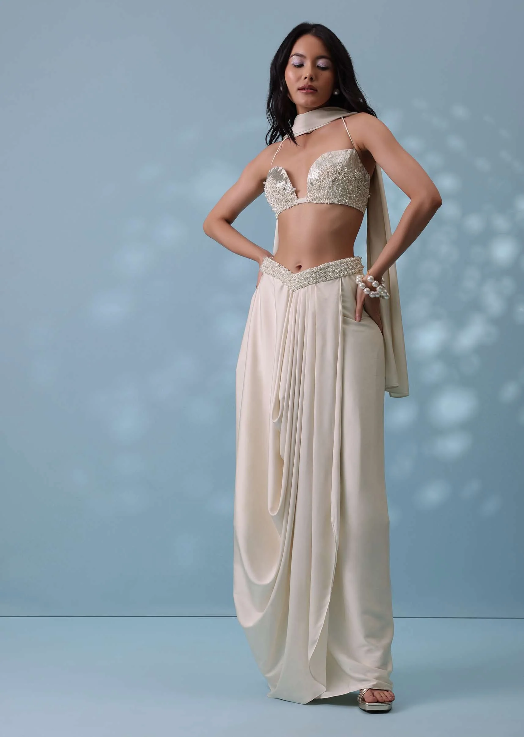 Ivory White Embroidered Drape Skirt And Bustier Top In Milano Satin - Image 3