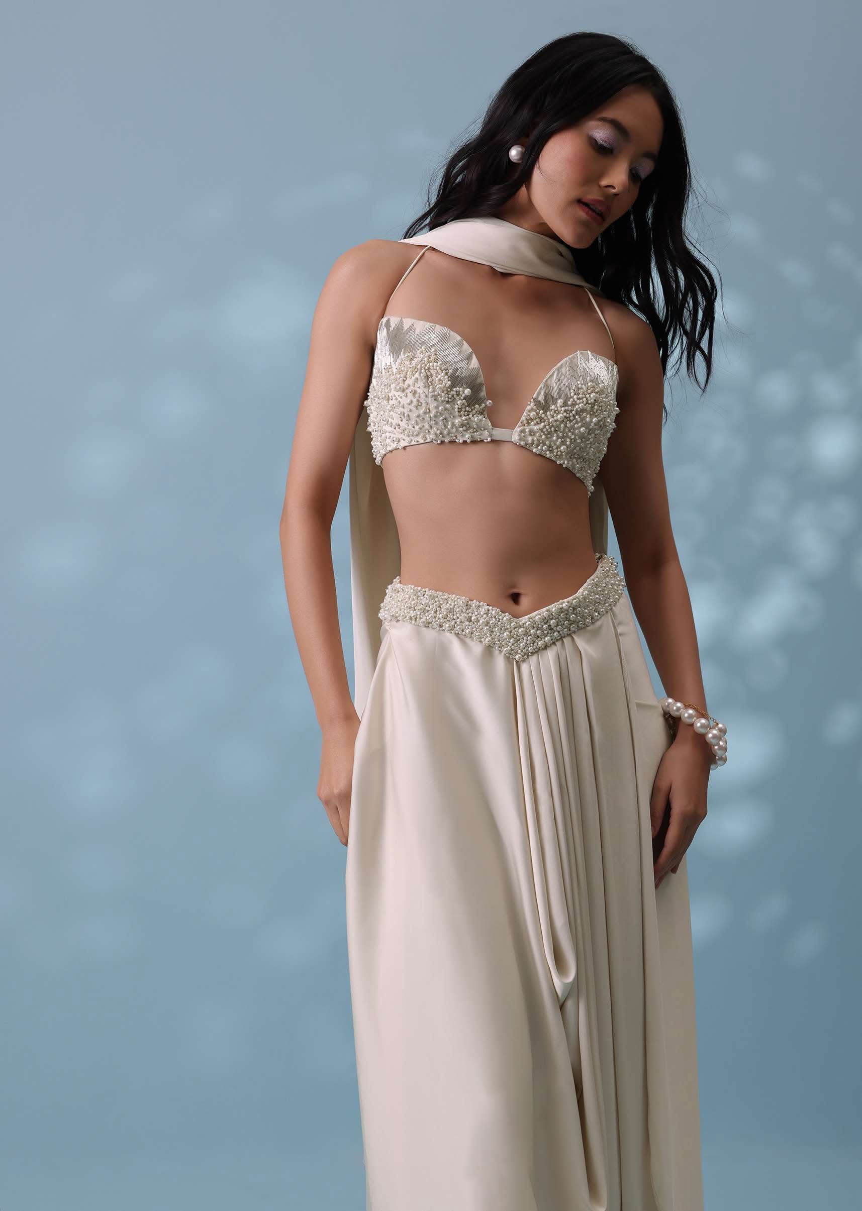 Ivory White Embroidered Drape Skirt And Bustier Top In Milano Satin - Image 4