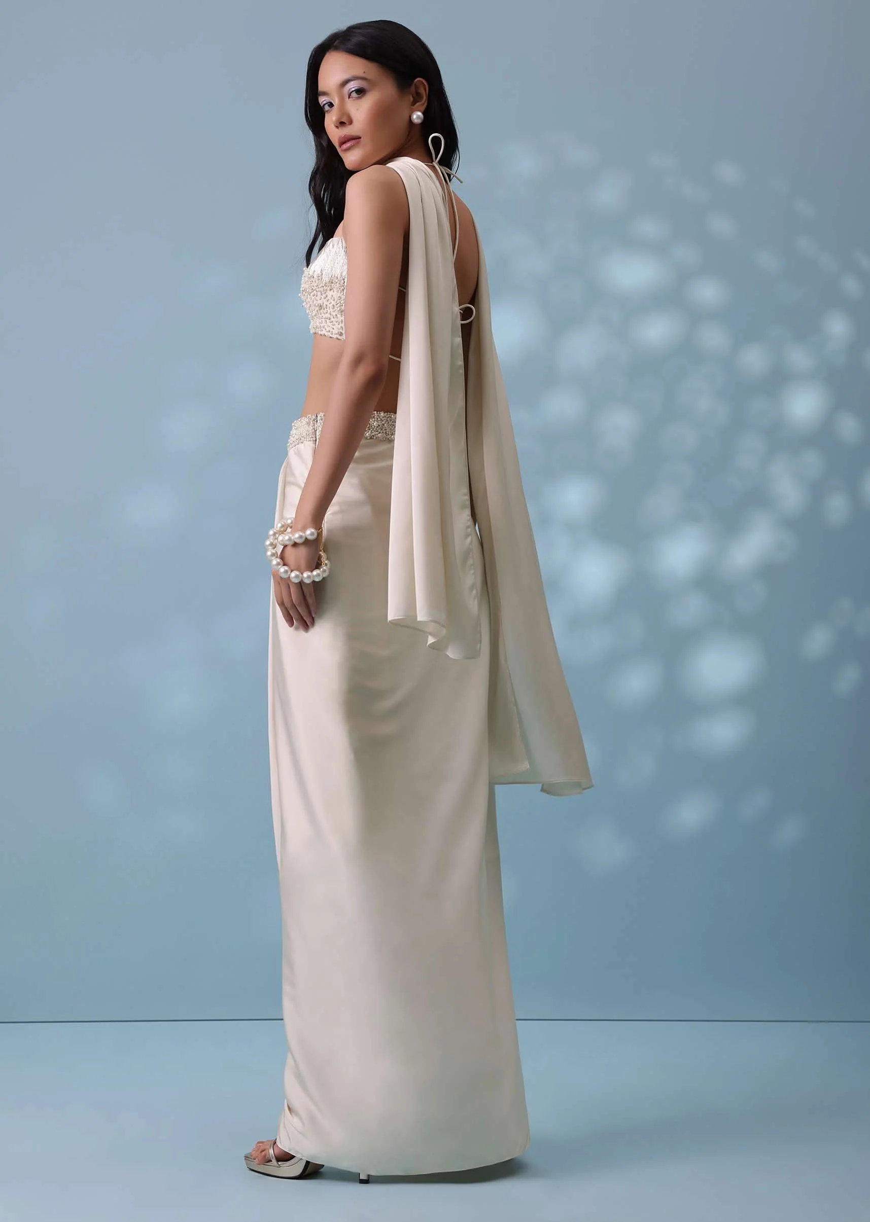 Ivory White Embroidered Drape Skirt And Bustier Top In Milano Satin - Image 5