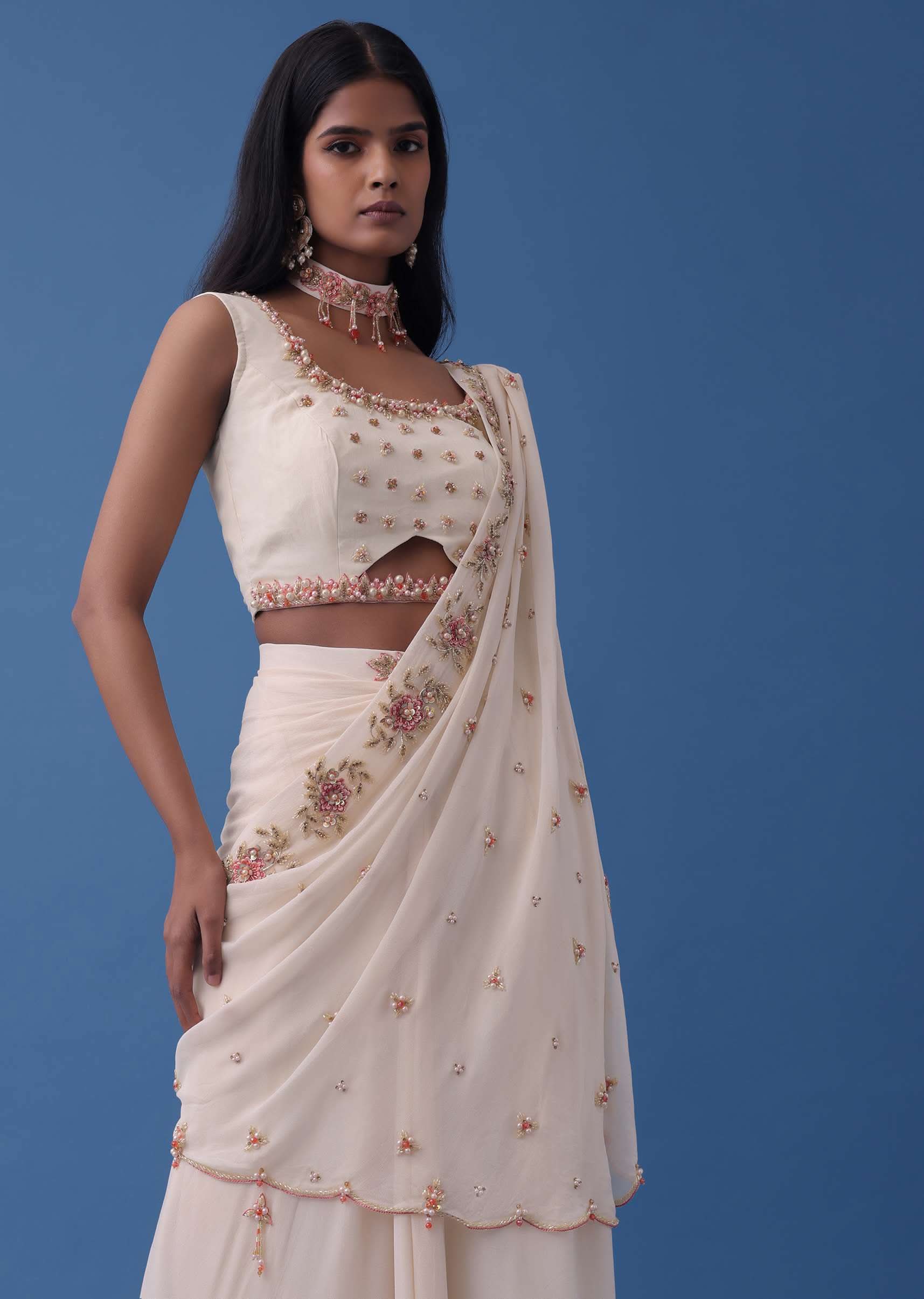 Ivory White Embroidered Indowestern Set With Pre-Draped Dupatta In Georgette - Image 2