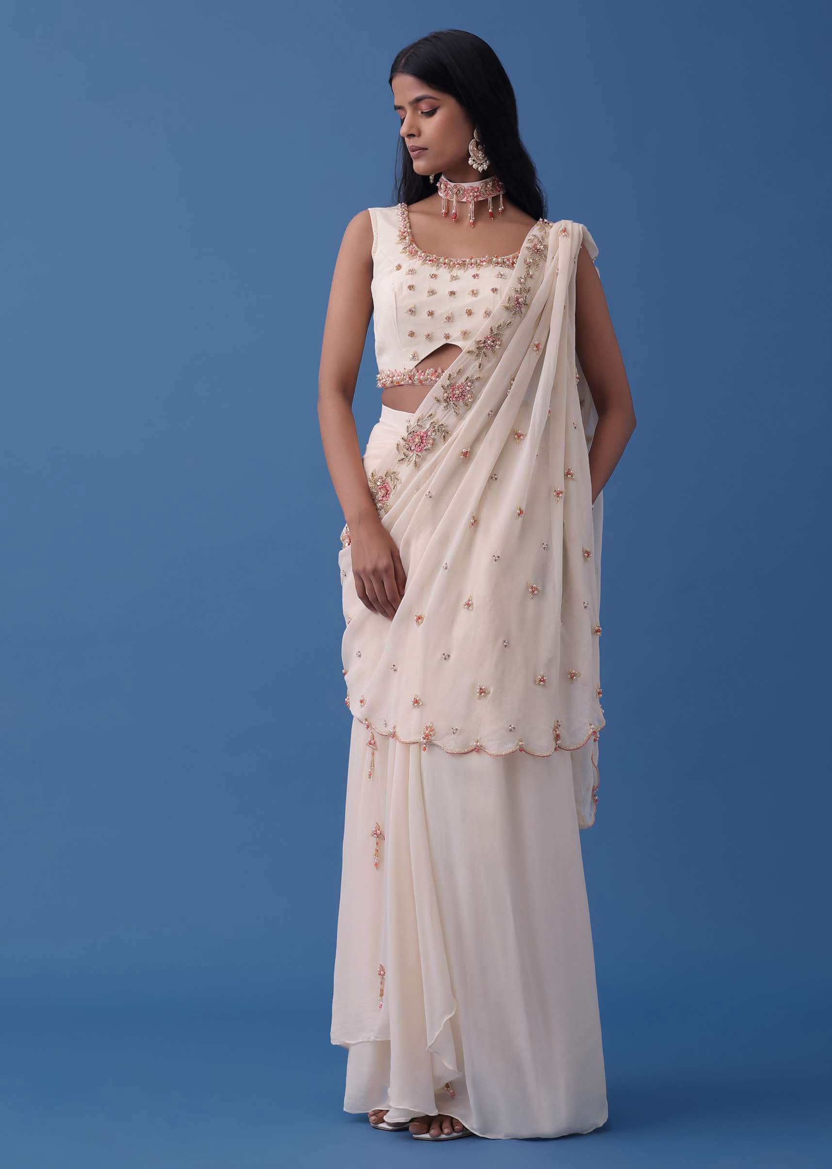 Ivory White Embroidered Indowestern Set With Pre-Draped Dupatta In Georgette - Image 3