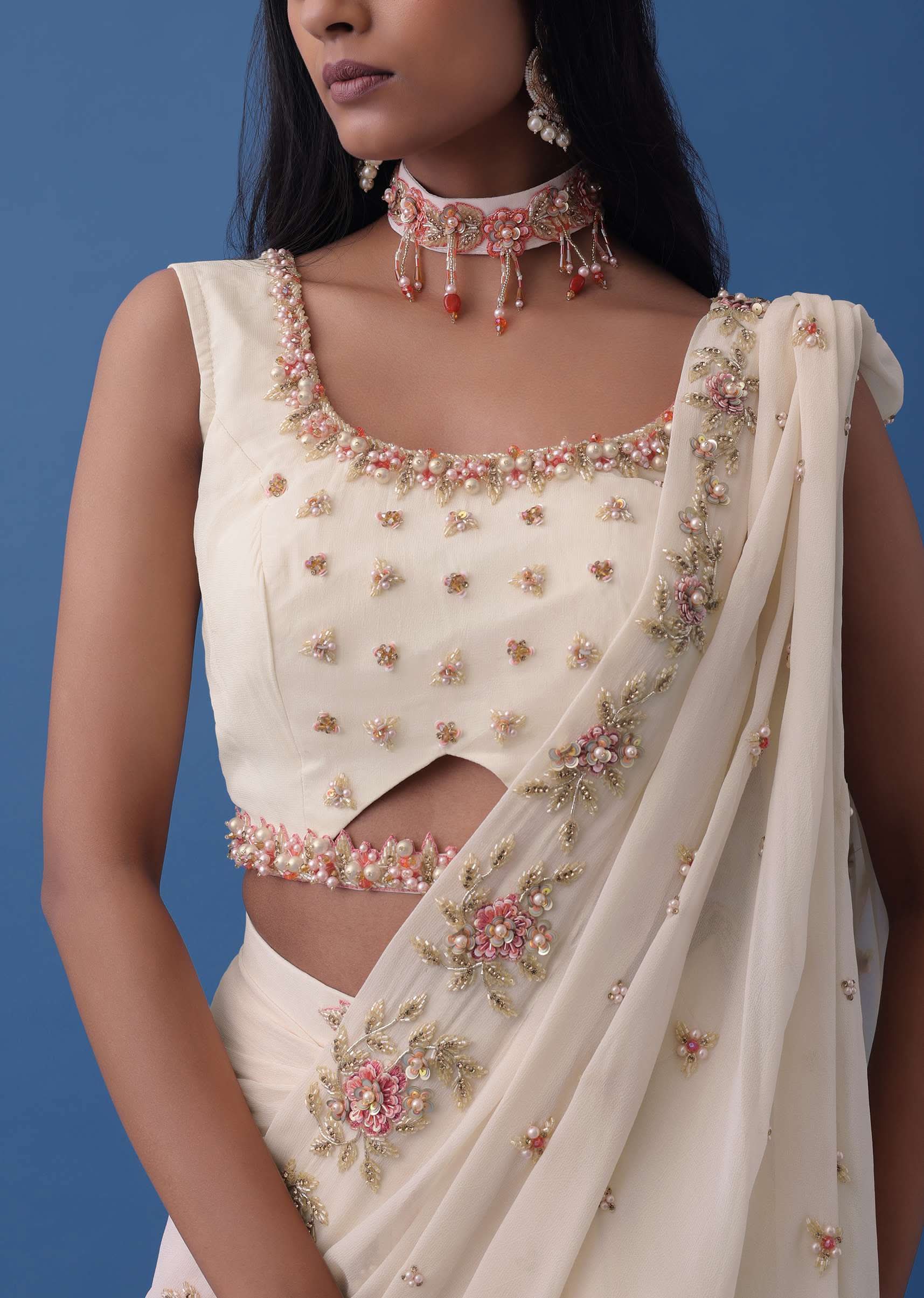 Ivory White Embroidered Indowestern Set With Pre-Draped Dupatta In Georgette - Image 4