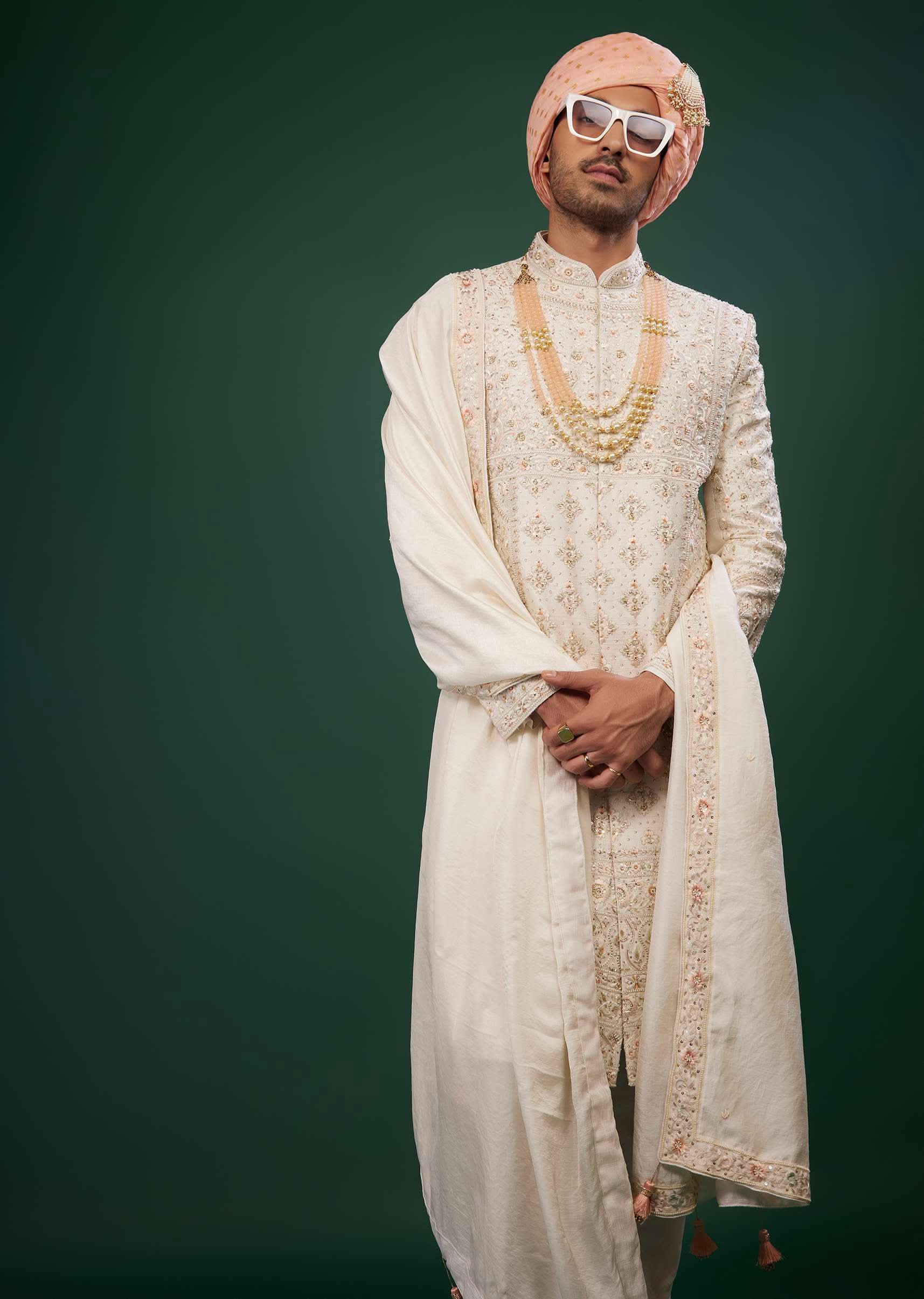 Ivory White Embroidered Sherwani Set In Raw Silk - Image 4