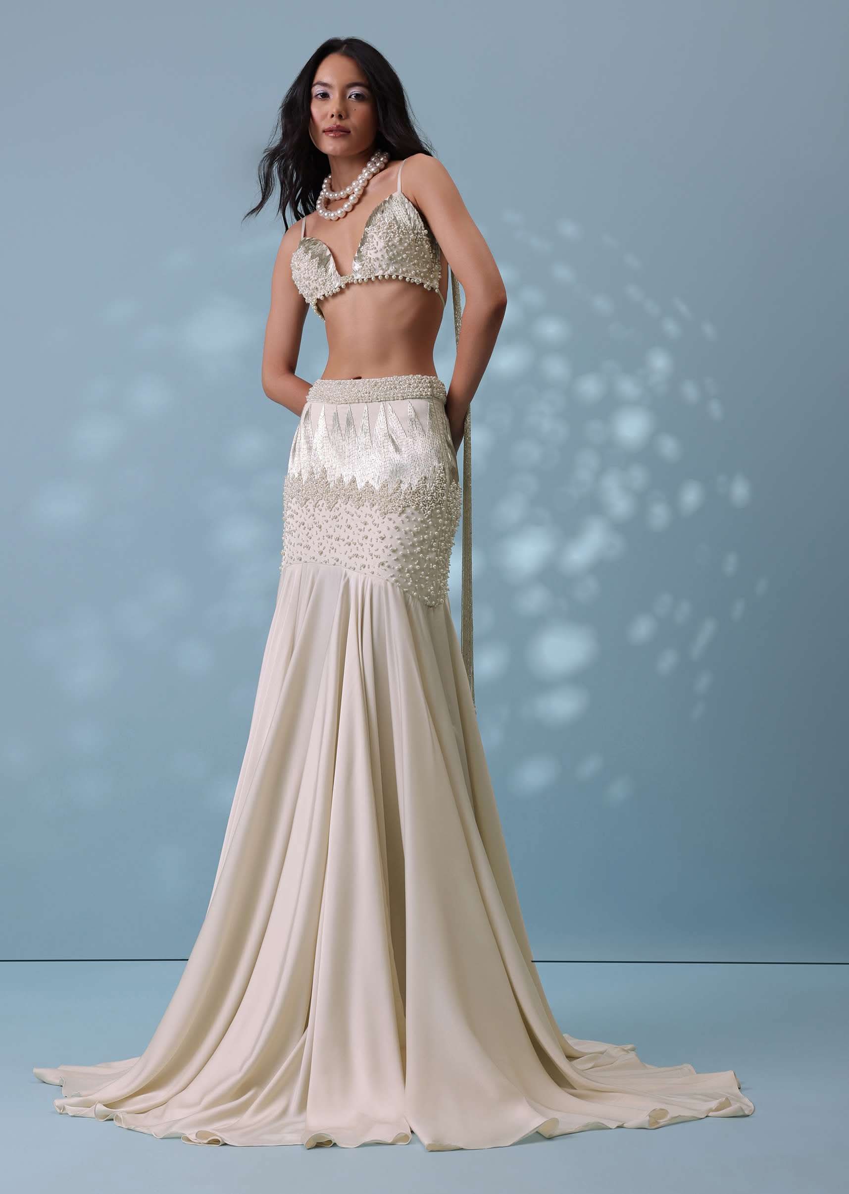 Ivory White Embroidered Trail Lehenga Set In Milano Satin With Tassel Blouse - Image 4