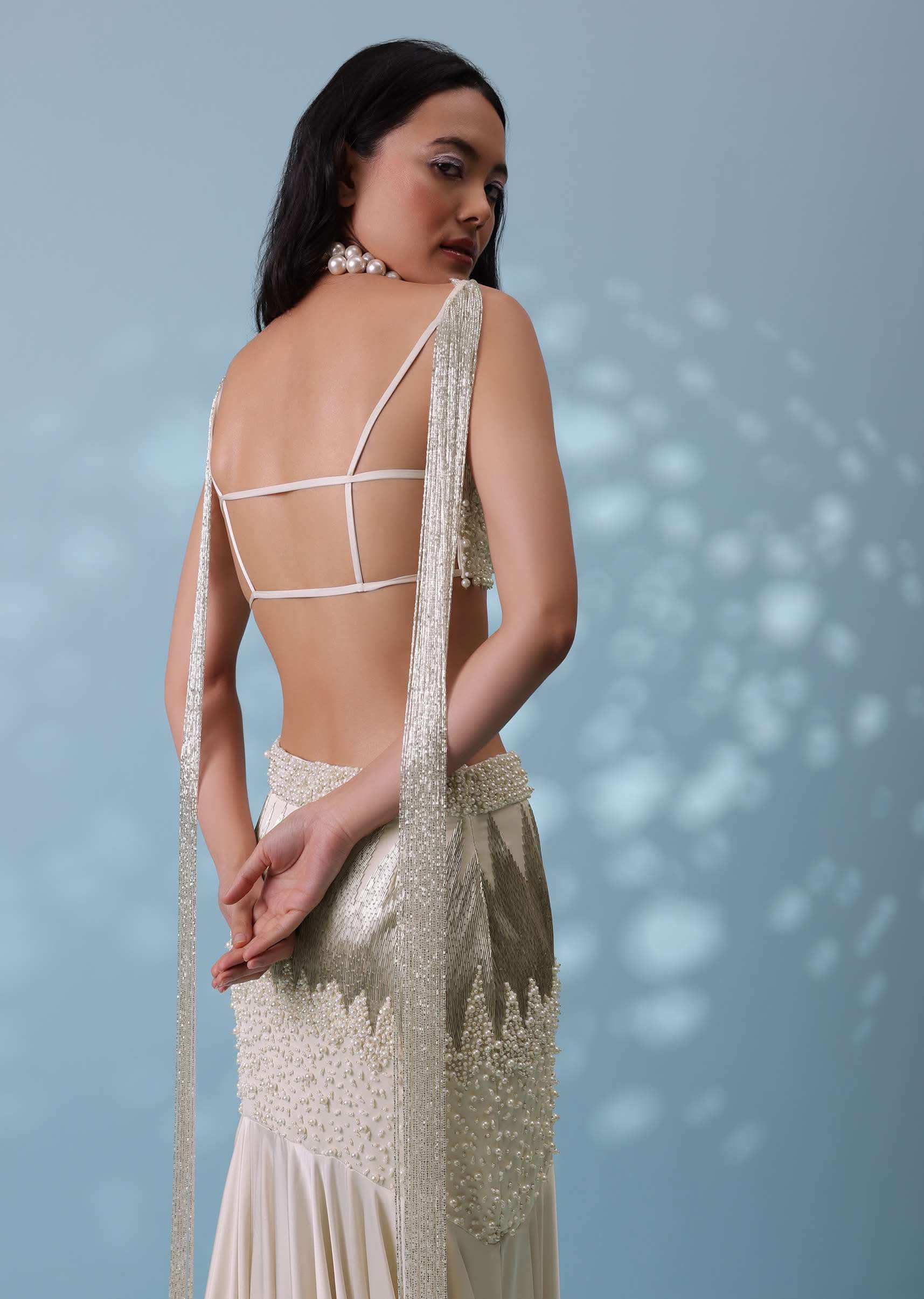 Ivory White Embroidered Trail Lehenga Set In Milano Satin With Tassel Blouse - Image 6