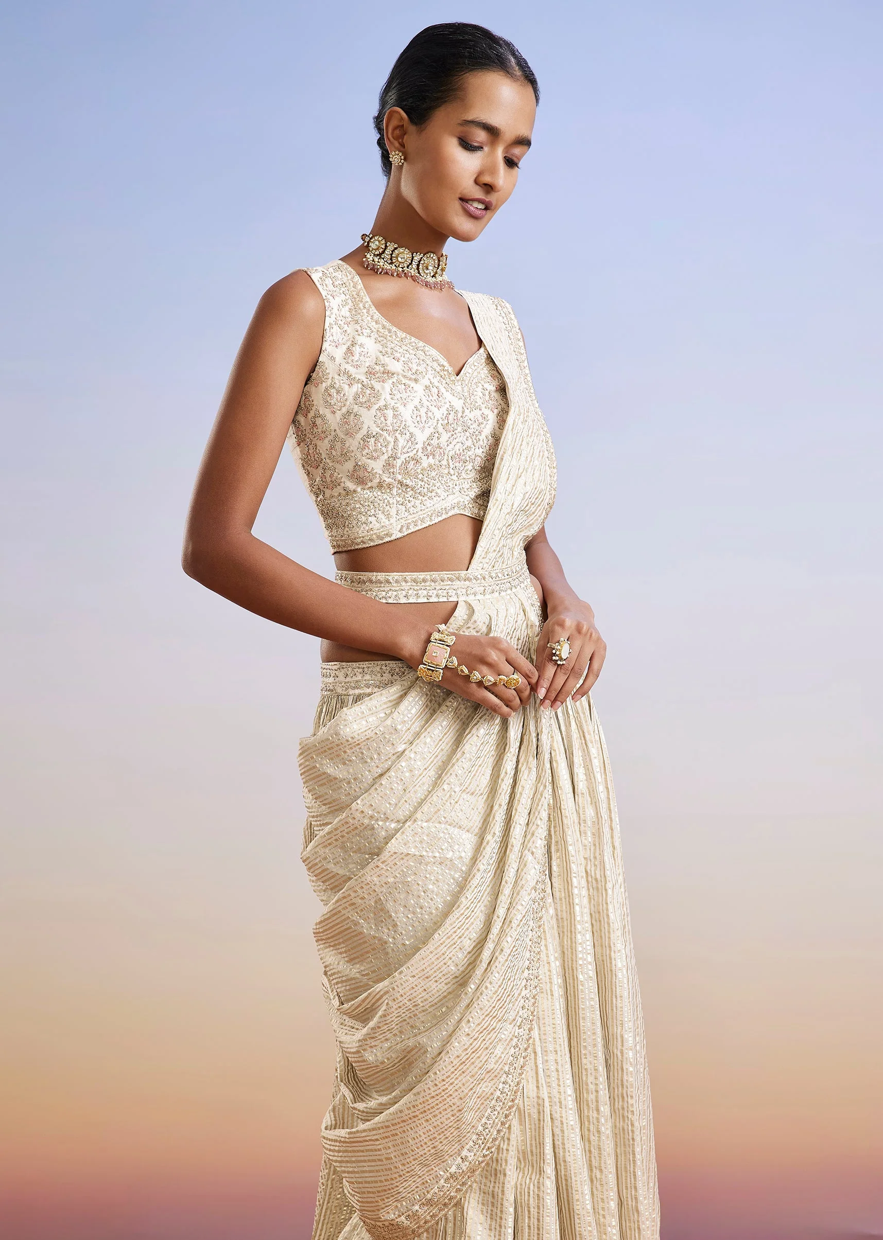 Ivory Zardosi Embroidered Ready Pleated Saree With Belt - Image 4