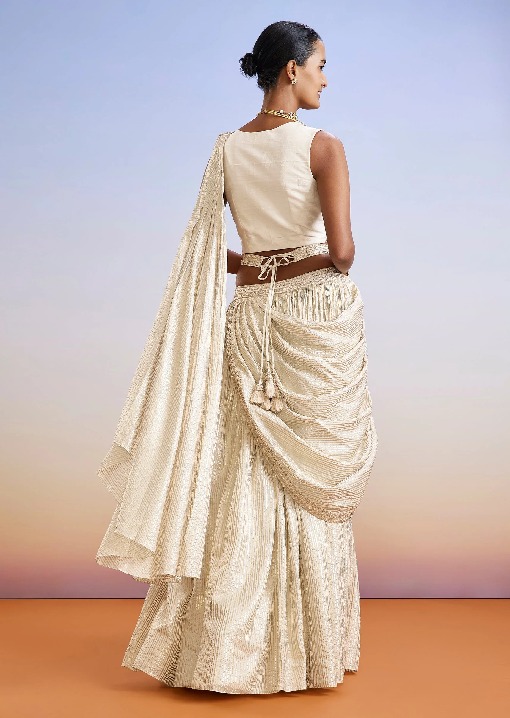 Ivory Zardosi Embroidered Ready Pleated Saree With Belt - Image 5