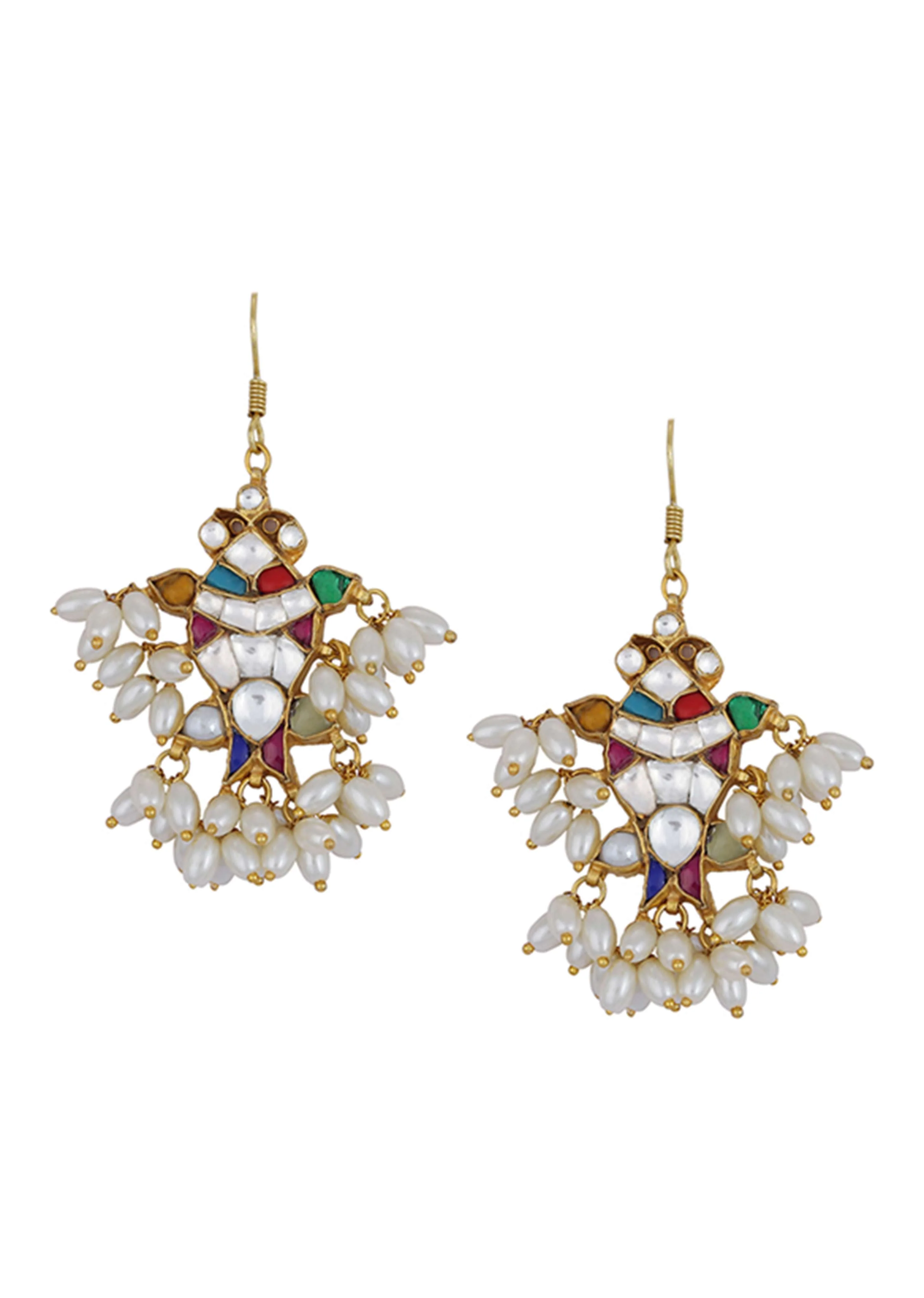 Jadau Kundan Dangler Earrings With White Pearl Drops - Image 2