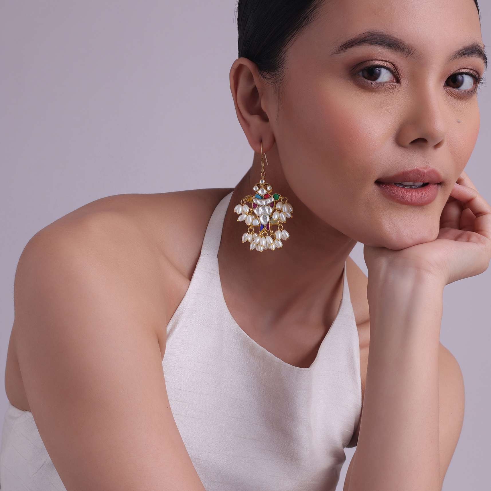 Jadau Kundan Dangler Earrings With White Pearl Drops - Image 3