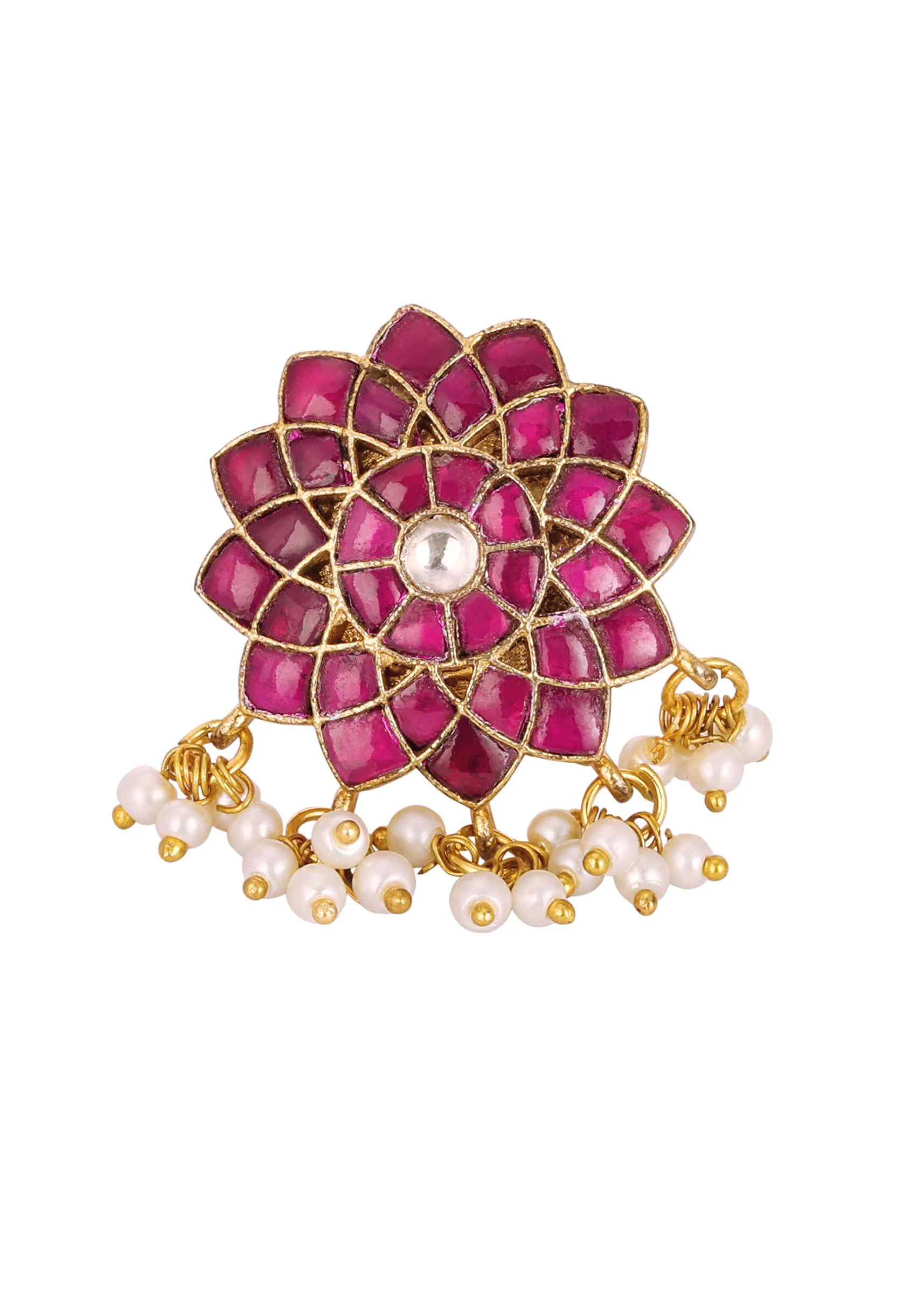 Jadau Kundan Ring With Ruby Onyx Stones And Pearls - Image 3