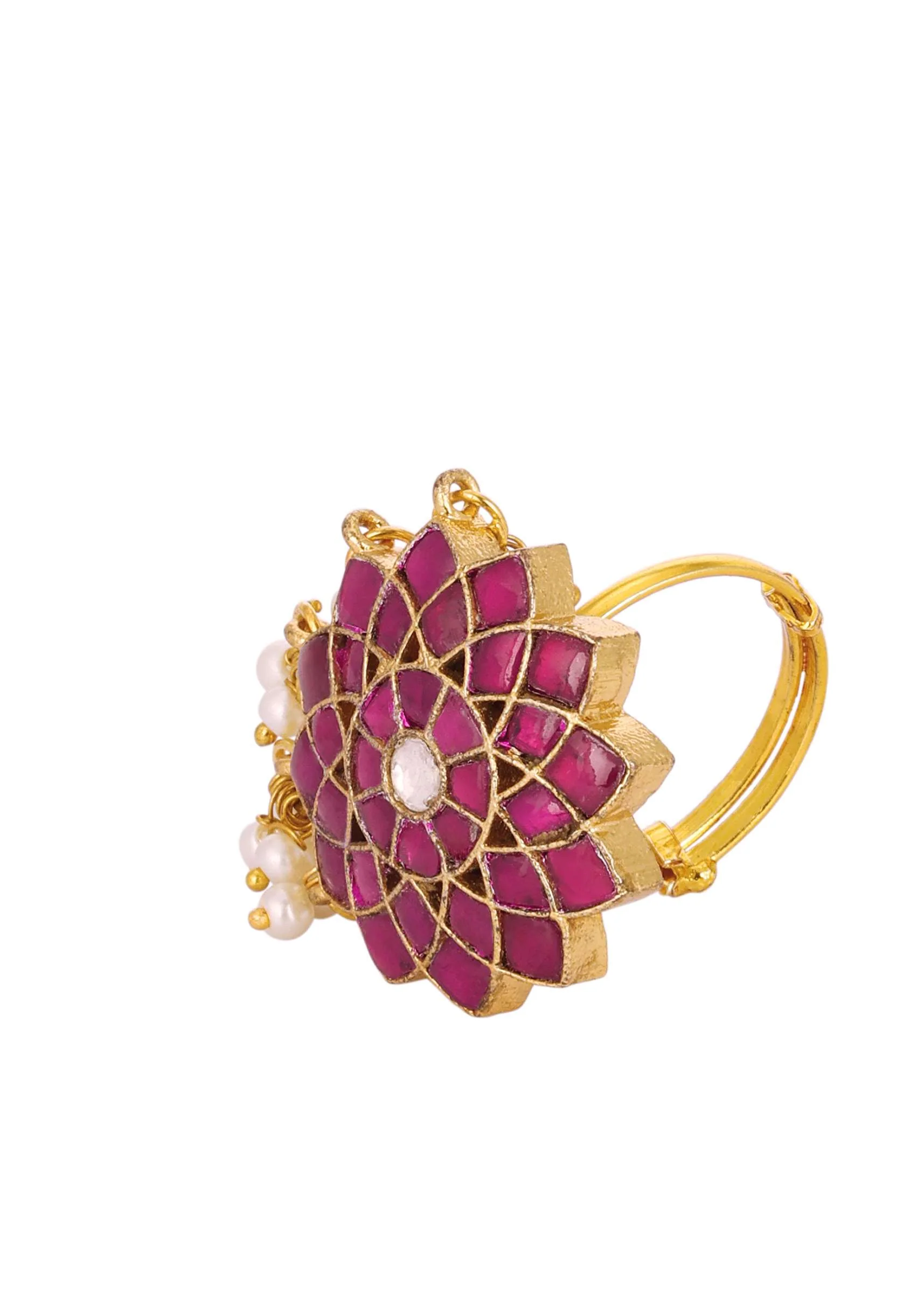 Jadau Kundan Ring With Ruby Onyx Stones And Pearls - Image 4