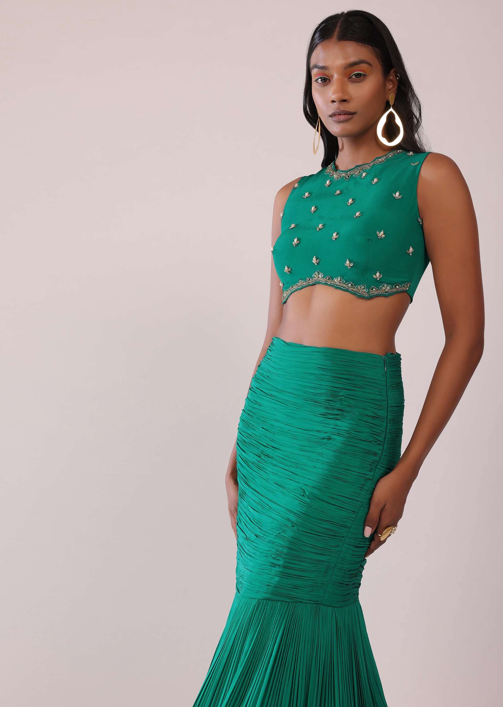 Jade Green Fish-Cut Skirt And Embroidered Blouse Set In Crepe - Image 2