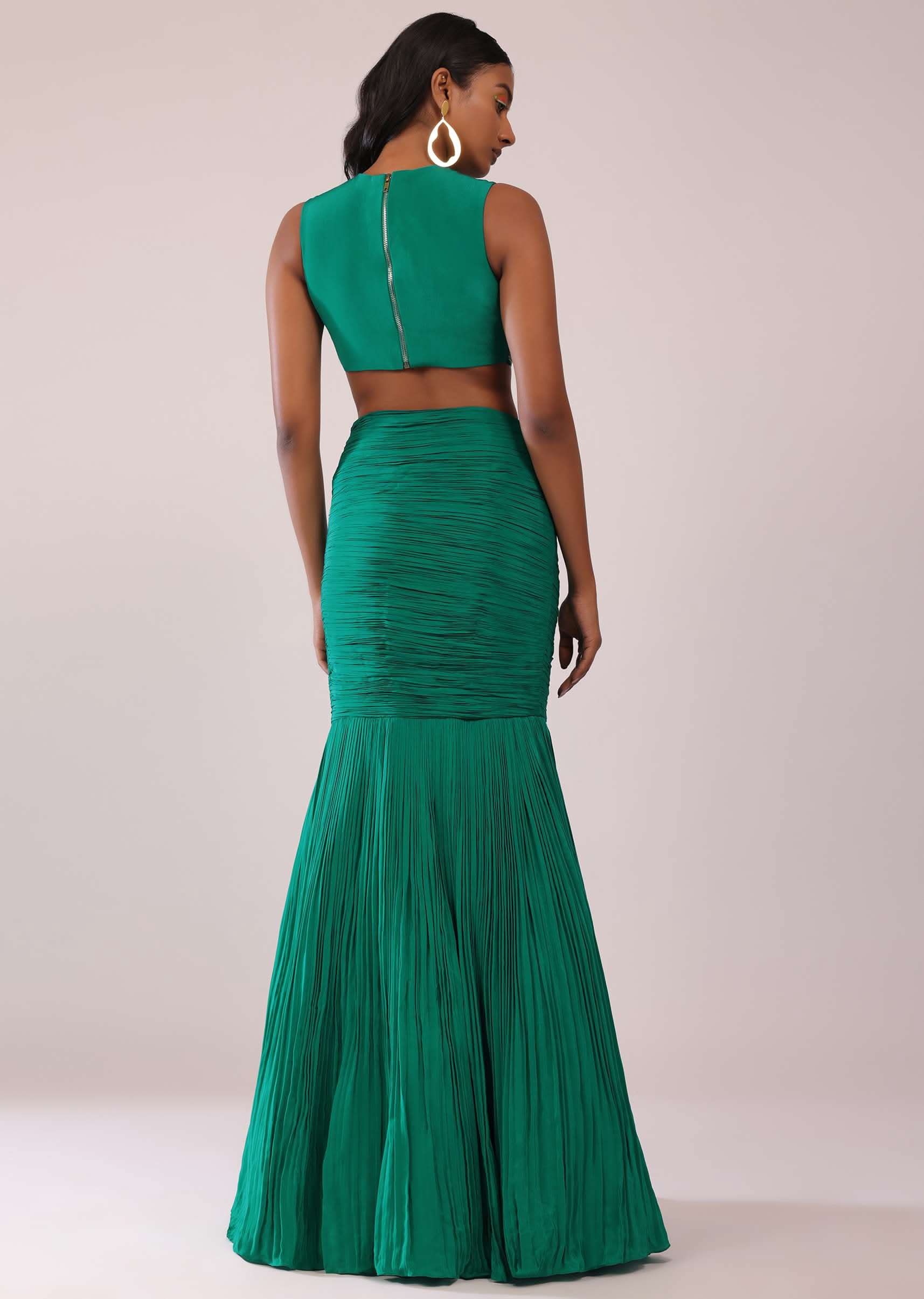 Jade Green Fish-Cut Skirt And Embroidered Blouse Set In Crepe - Image 5