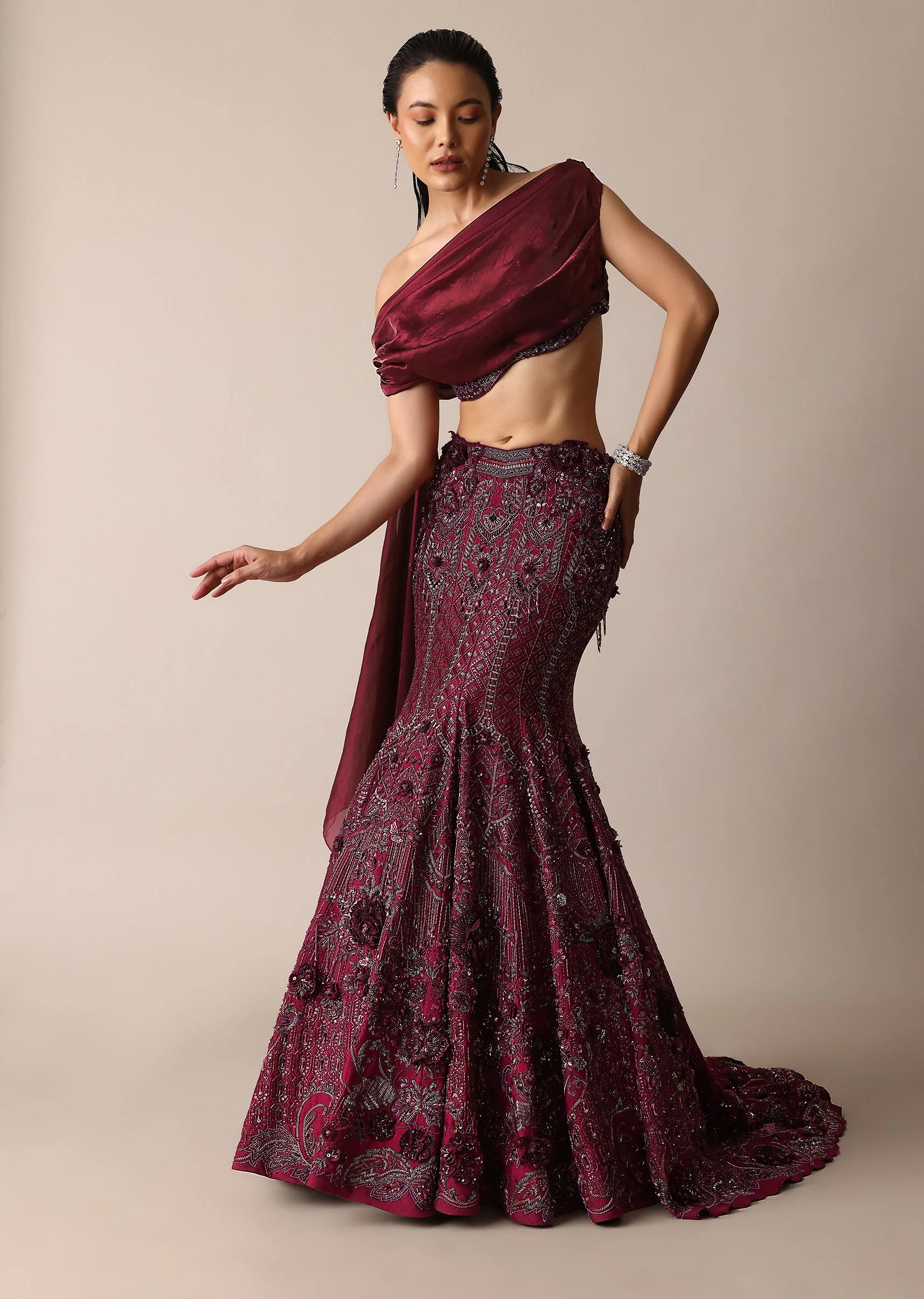 Wine Opulent Fish Cut Lehenga And Embellished Jacket Duo - Image 6