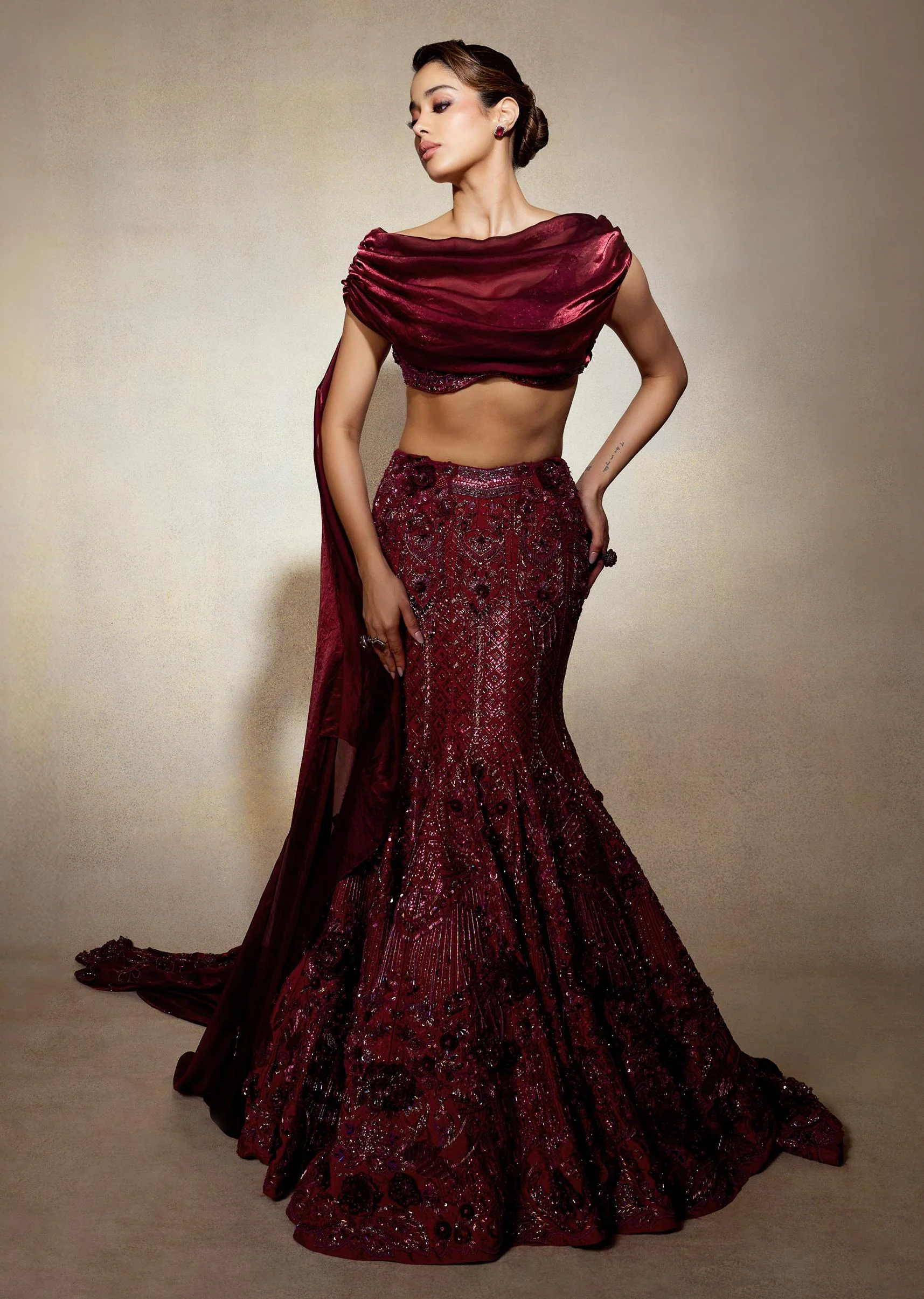 Wine Opulent Fish Cut Lehenga And Embellished Jacket Duo - Image 7