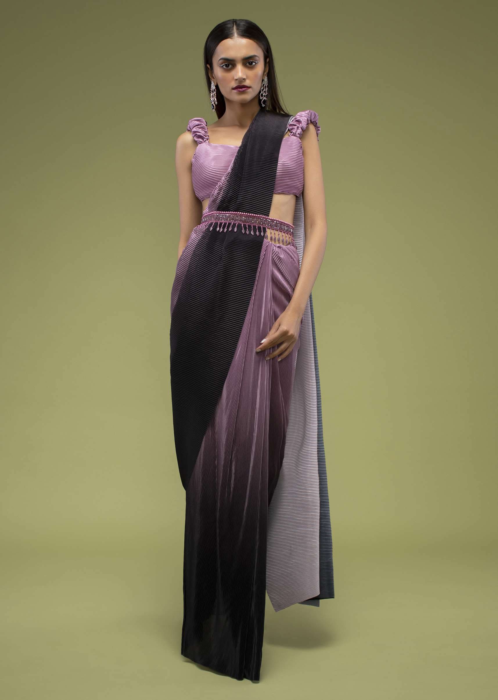 Java Plum Ombre Saree Crafted In Crush With A Fancy Blouse - Image 3