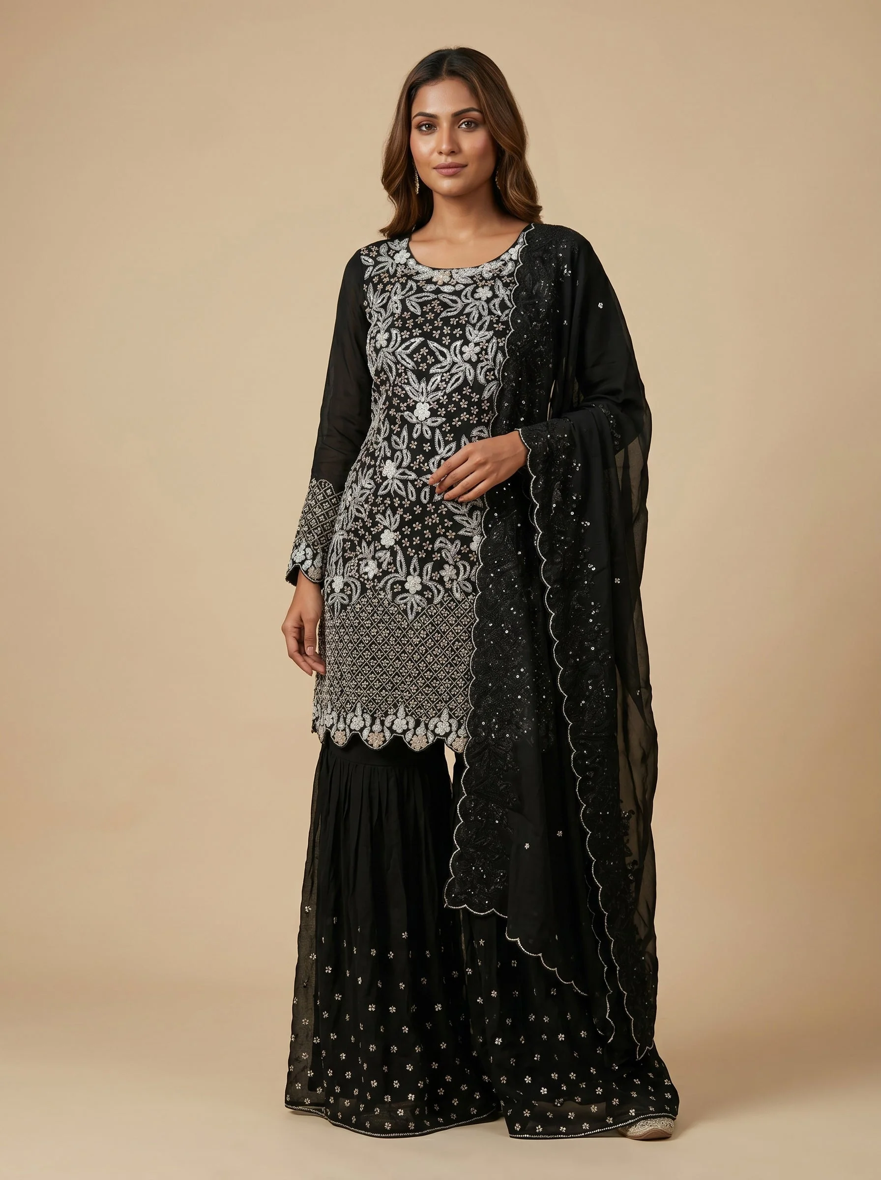 Jet Noir Black Sharara Set