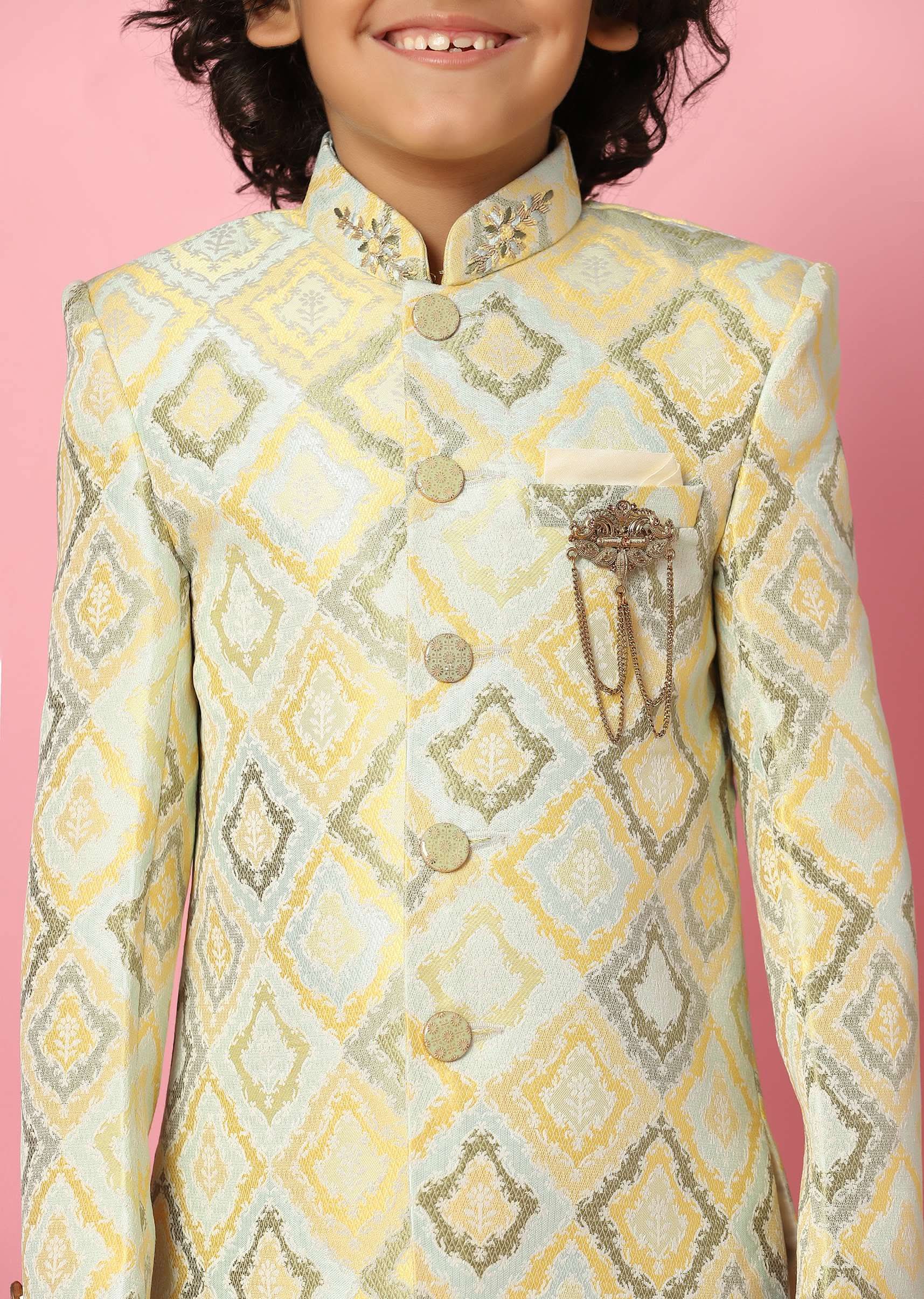 Kalki Afterglow Yellow Sherwani Set In Raw Silk With Threadwork For Boys - Image 4