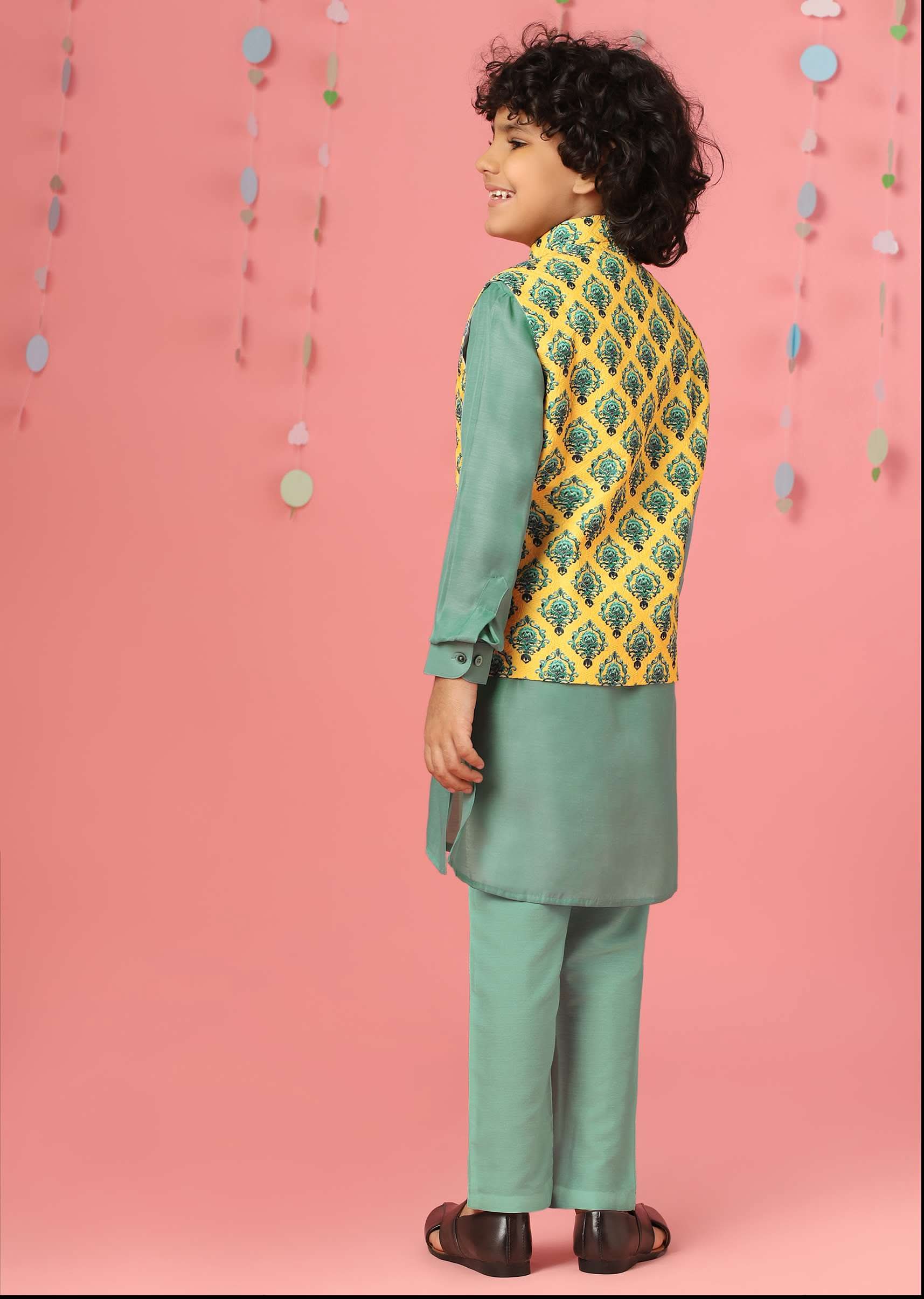 Kalki Agate Green Kurta Set In Silk With Lemon Chrome Yellow Bandi Jacket For Boys - Image 5