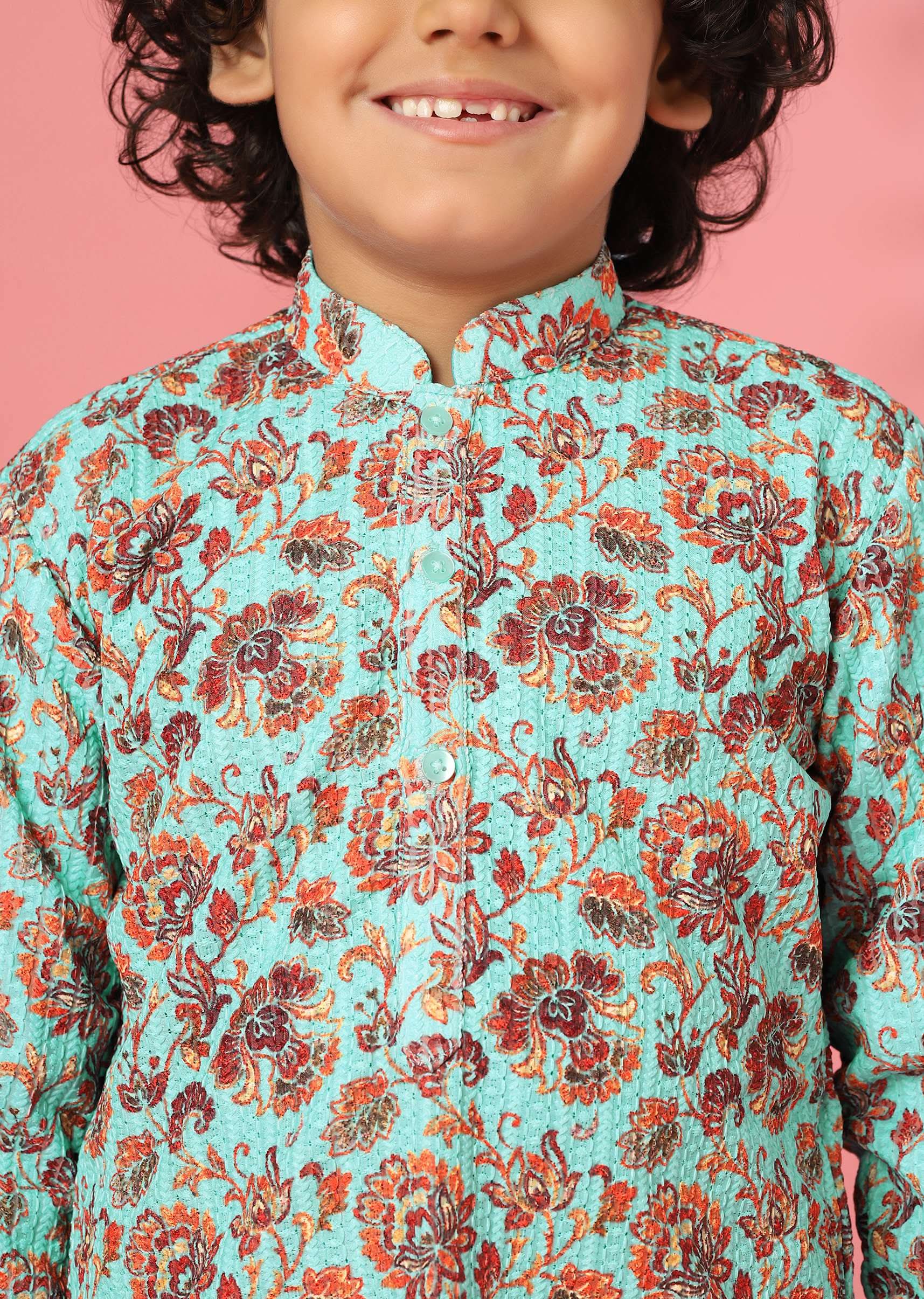 Kalki Aqua Sky Blue Silk Kurta Set With Threadwork For Boys - Image 4