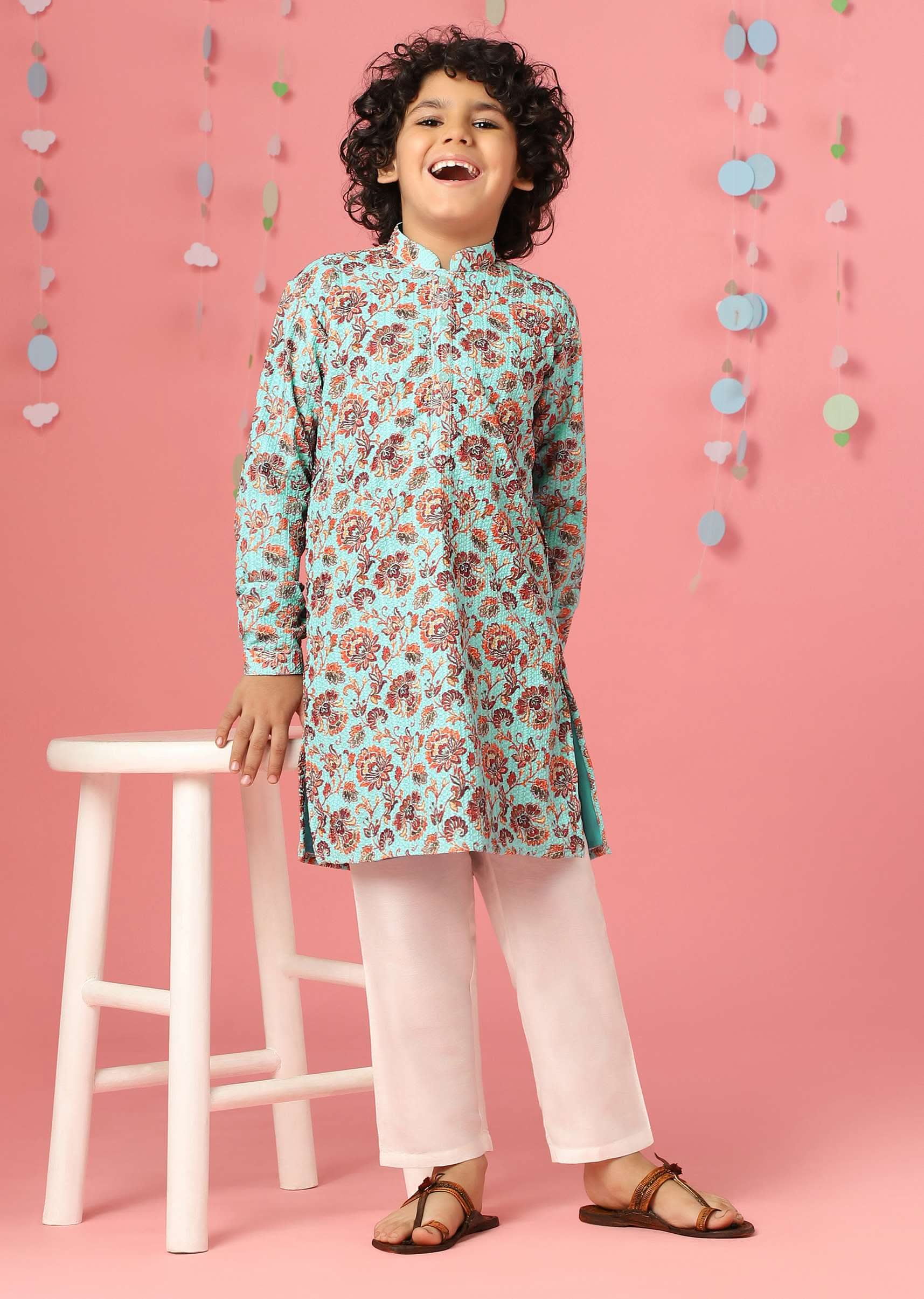 Kalki Aqua Sky Blue Silk Kurta Set With Threadwork For Boys - Image 5