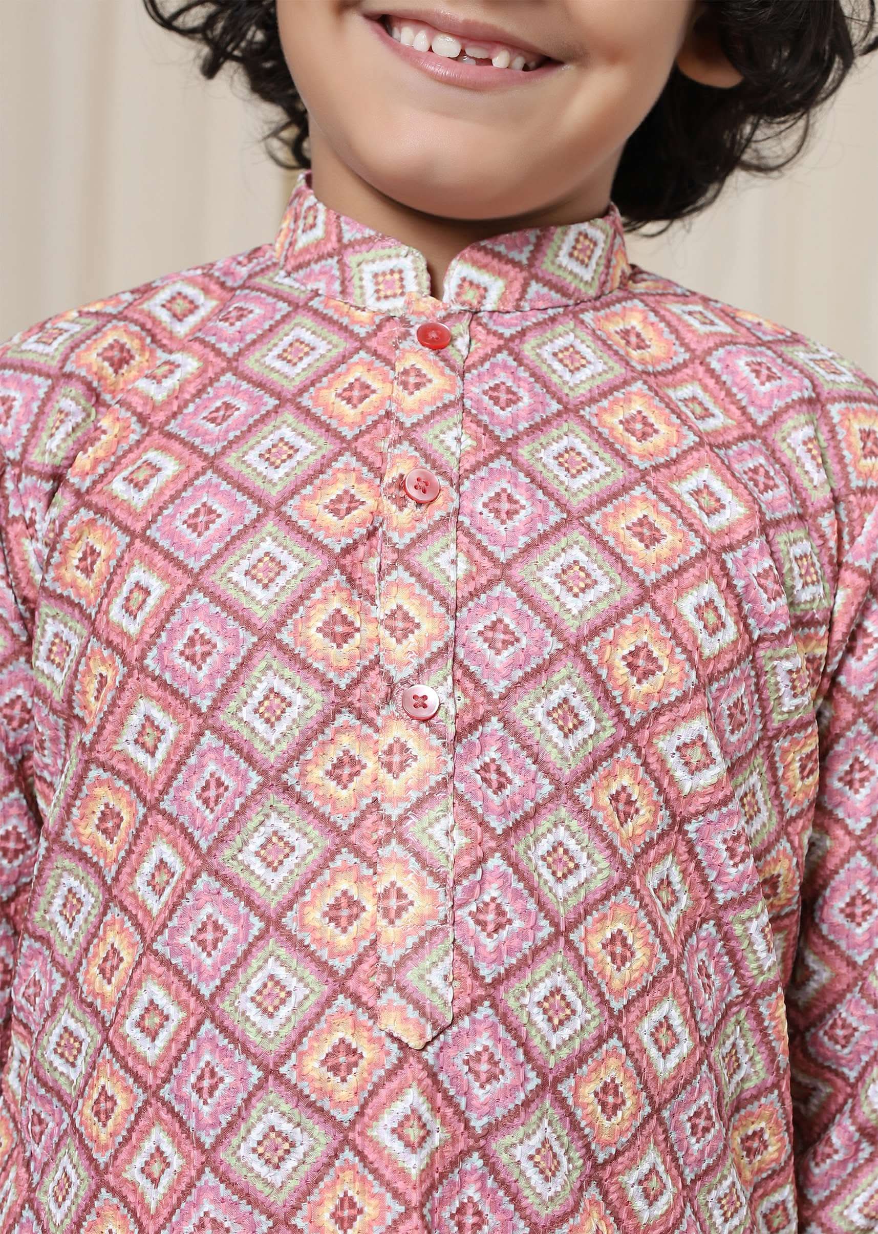Kalki Aurora Pink Kurta Set In Silk With Threadwork For Boys - Image 3