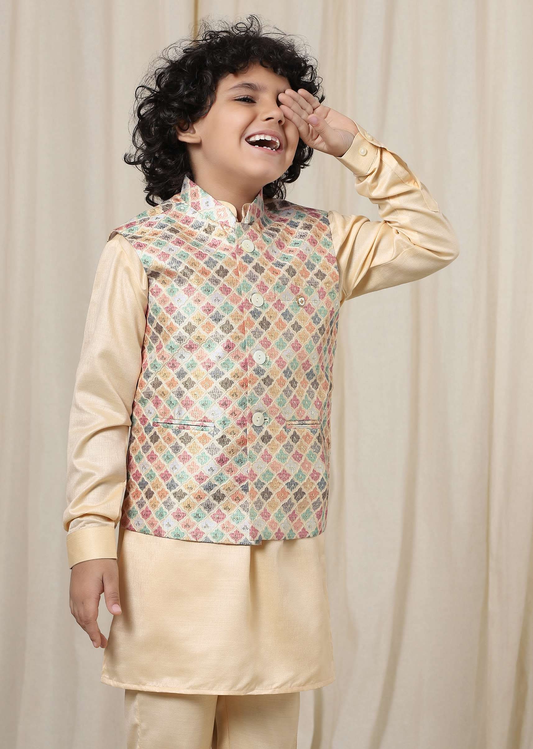 Kalki Autumn Blonde Beige Kurta Set In Silk With Multicolor Bandi Jacket For Boys - Image 2